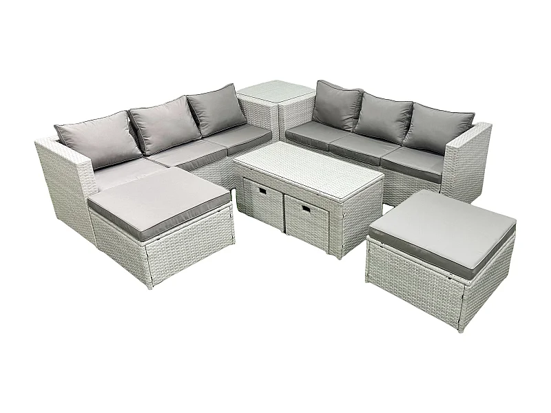 Polyrattan Gartenmöbelset mit Graue Kissen 10-Sitzer mit Couchtisch und Beistelltisch