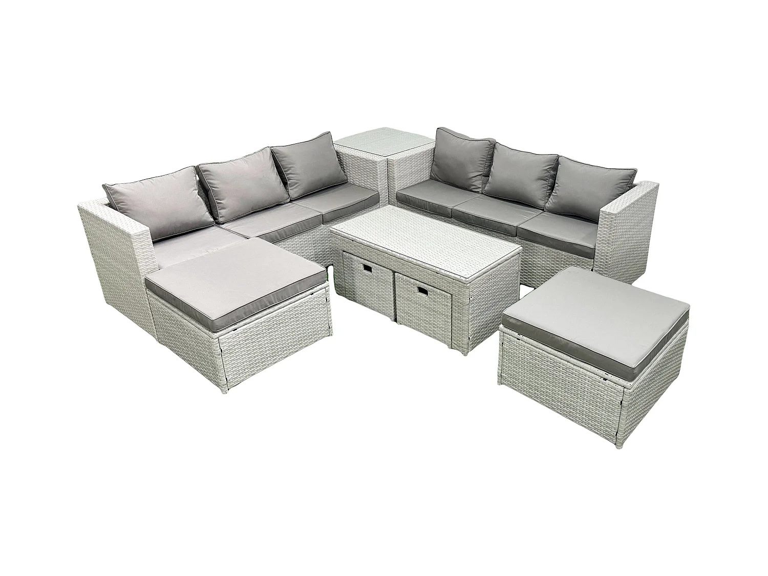Polyrattan Gartenmöbelset mit Graue Kissen 10-Sitzer mit Couchtisch und Beistelltisch