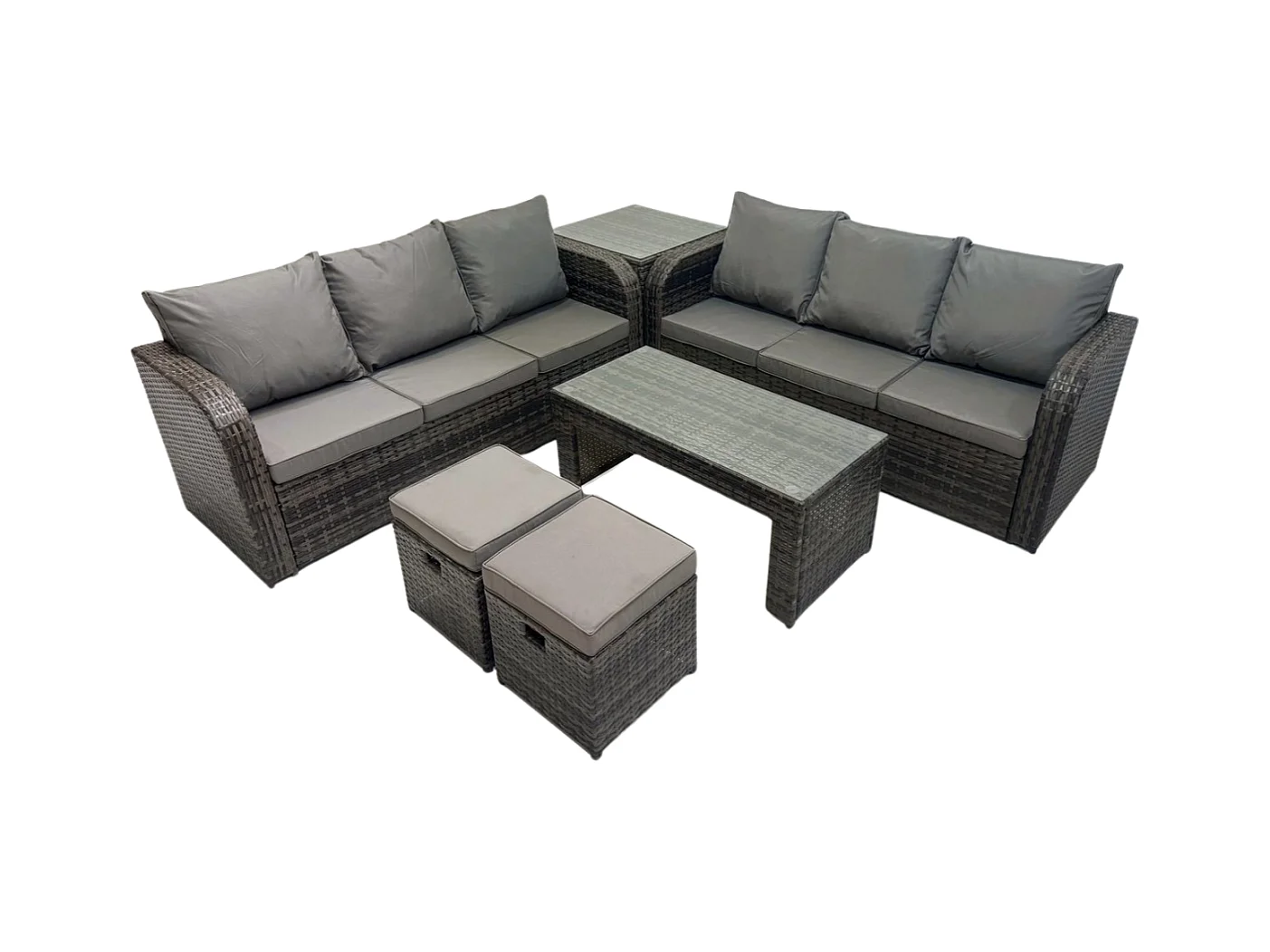 Salon de jardin avec Table basse rectangulaire 2 Petits tabourets Canapé 3 places Table d'appoint Gris foncé mixte