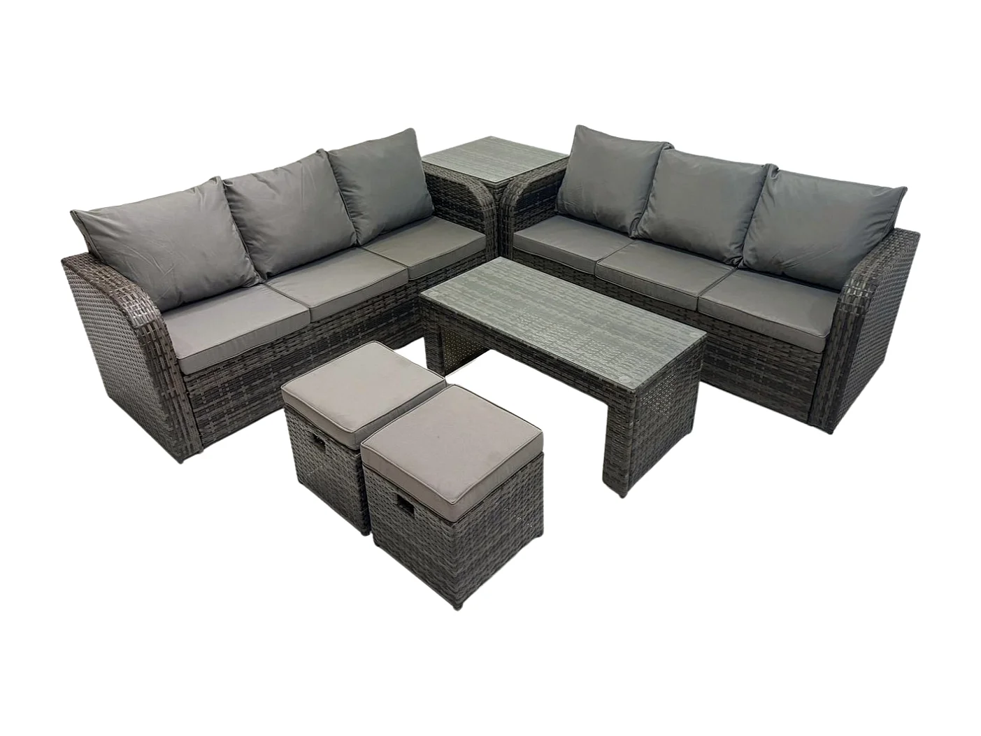 Salon de jardin avec Table basse rectangulaire 2 Petits tabourets Canapé 3 places Table d'appoint Gris foncé mixte