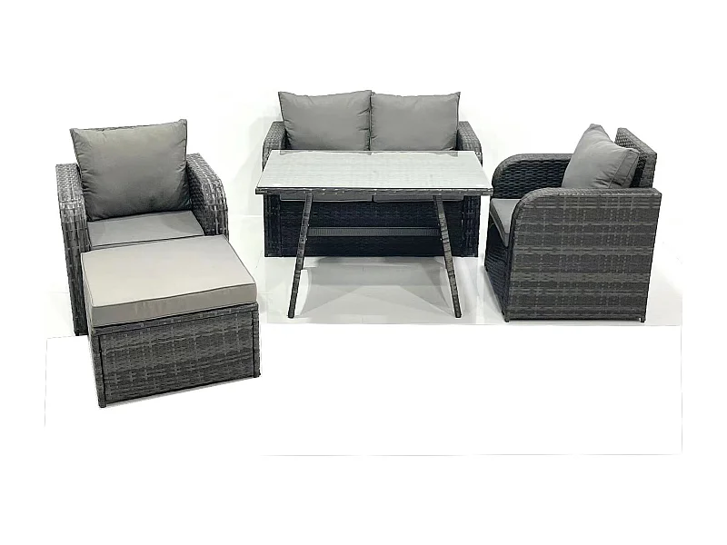 Ensemble de meubles de jardin en polyrotin Rattan Canapé avec Table à manger Chaise inclinable Grand tabouret Gris foncé mixte