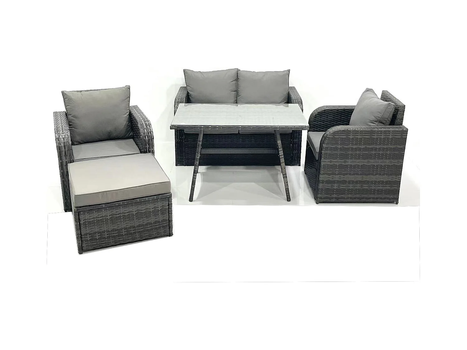 Ensemble de meubles de jardin en polyrotin Rattan Canapé avec Table à manger Chaise inclinable Grand tabouret Gris foncé mixte