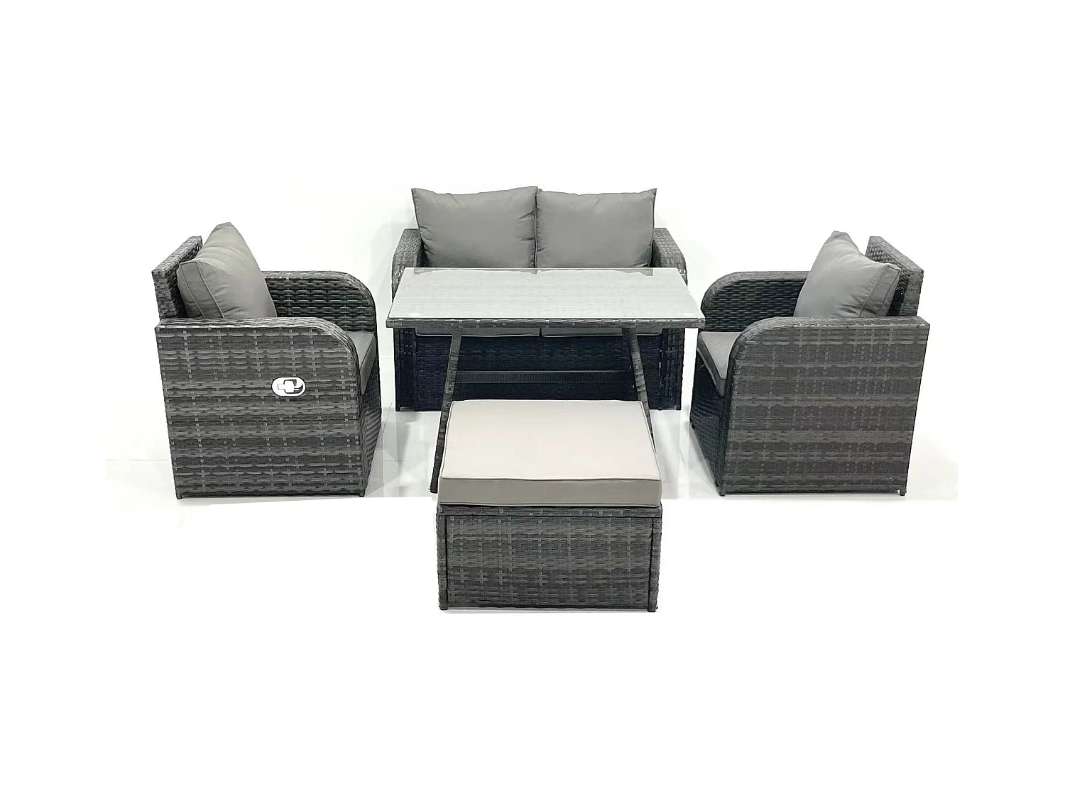 Ensemble de meubles de jardin en polyrotin Rattan Canapé avec Table à manger Chaise inclinable Grand tabouret Gris foncé mixte