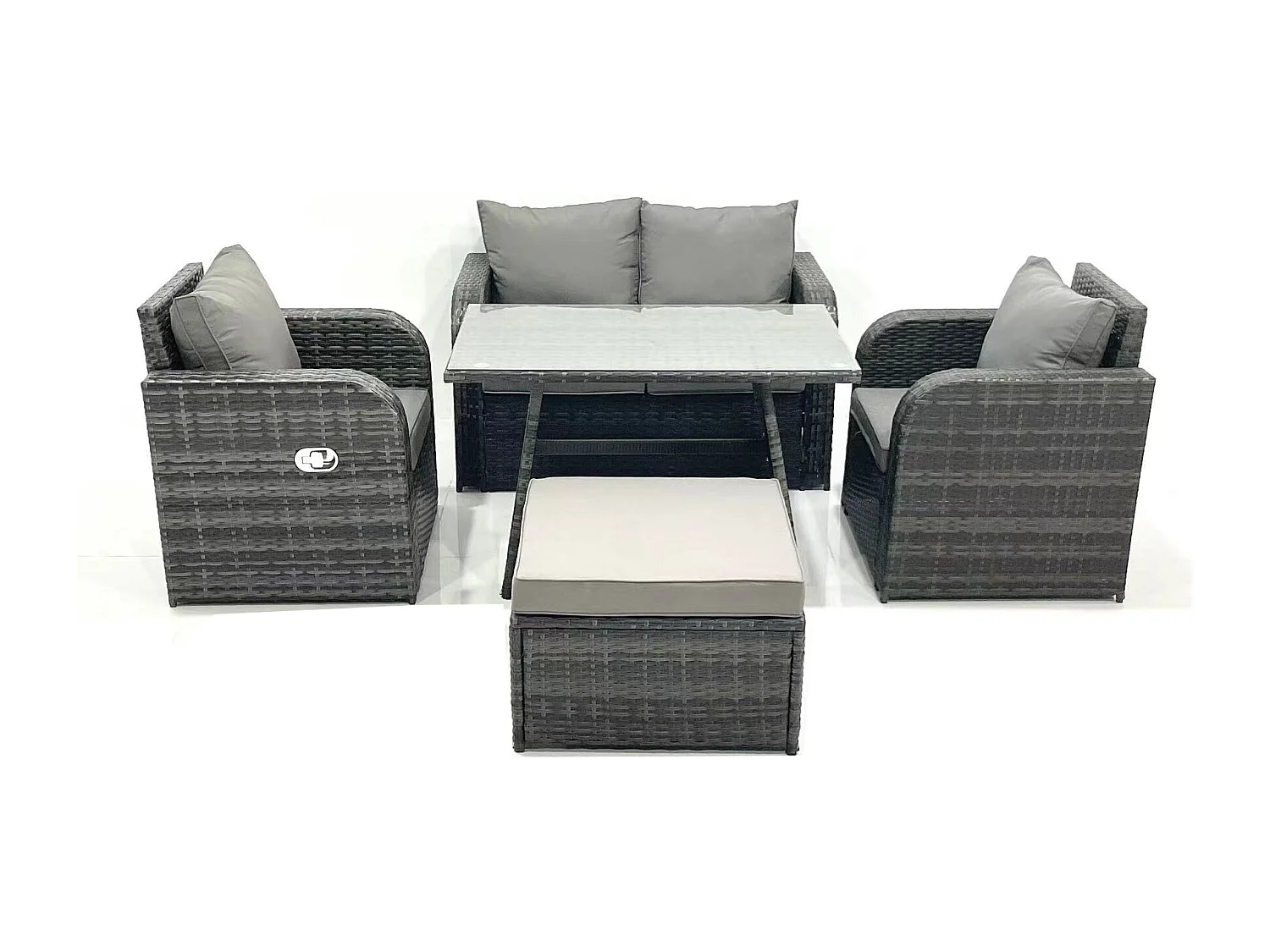 Ensemble de meubles de jardin en polyrotin Rattan Canapé avec Table à manger Chaise inclinable Grand tabouret Gris foncé mixte