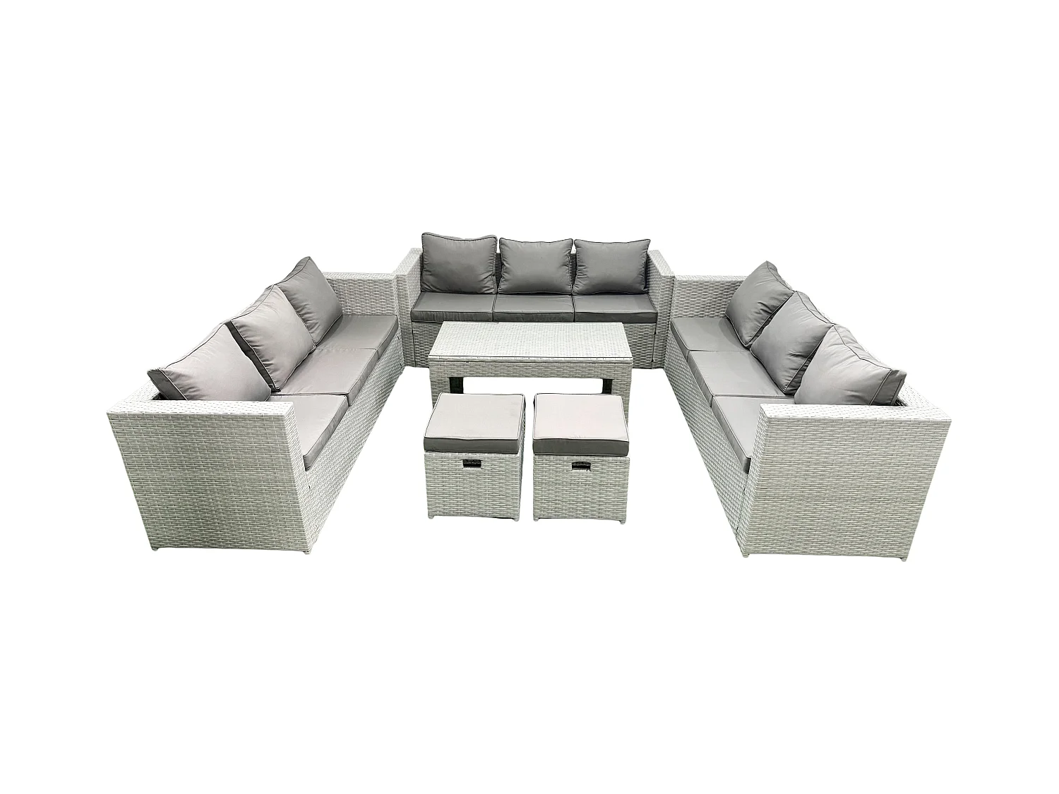 Ensemble de meubles d'extérieur en rotin 11 places avec Table basse oblongue 2 Petits tabourets Gris clair mixte