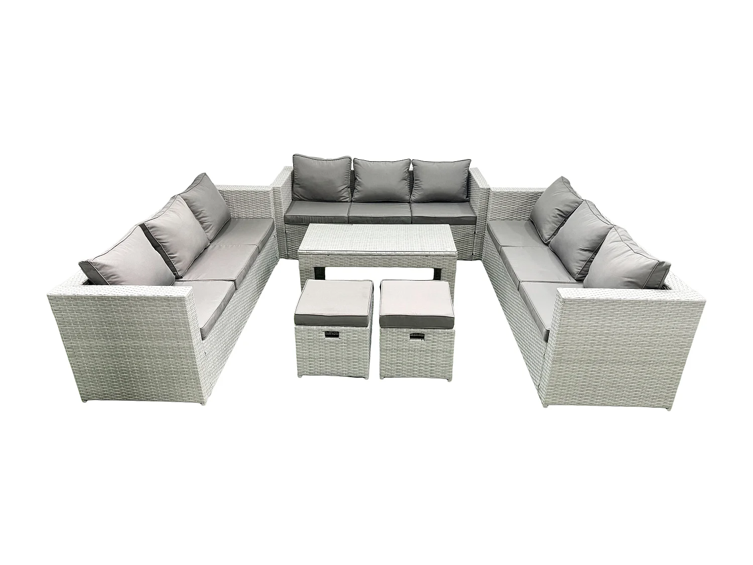 Ensemble de meubles d'extérieur en rotin 11 places avec Table basse oblongue 2 Petits tabourets Gris clair mixte