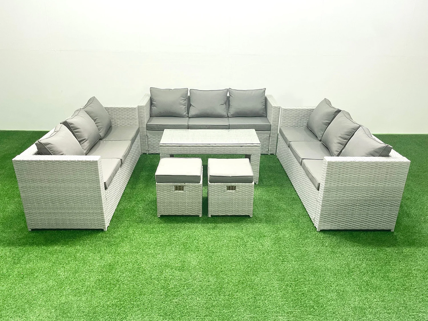 Ensemble de meubles d'extérieur en rotin 11 places avec Table basse oblongue 2 Petits tabourets Gris clair mixte