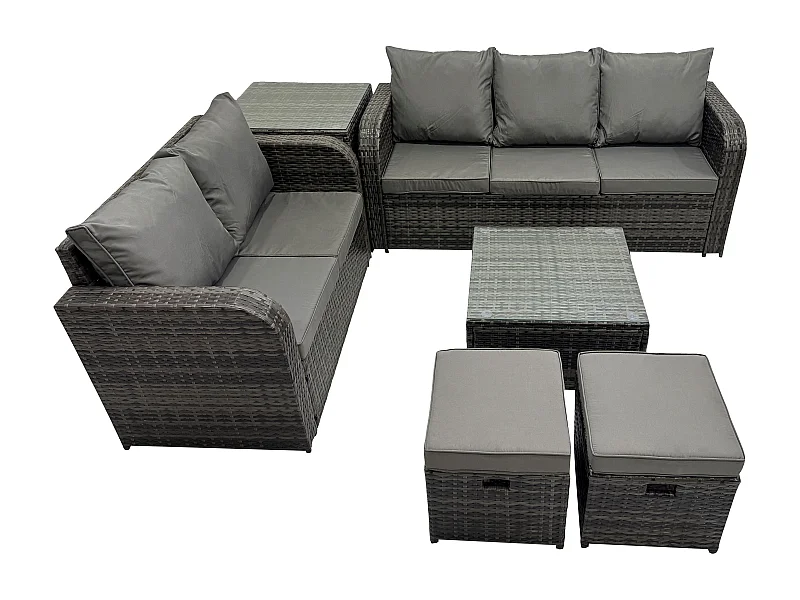 Polyrattan Gartenmöbel Sets 7-Sitzer Garten Sofa im Freien Set Quadratischer Couchtisch 2 kleine Fußhockern Beistelltisch