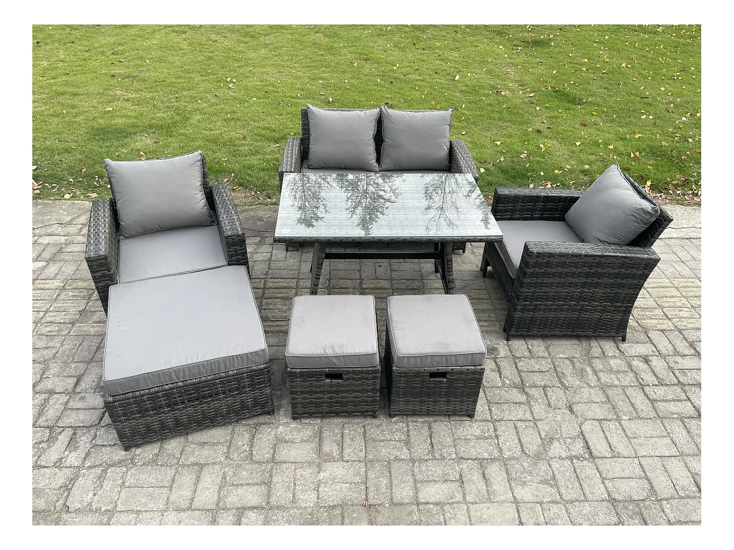 Ensemble de Meubles de Jardin avec Table à manger rectangulaire Fauteuil Canapé 2 places 3 Tabourets