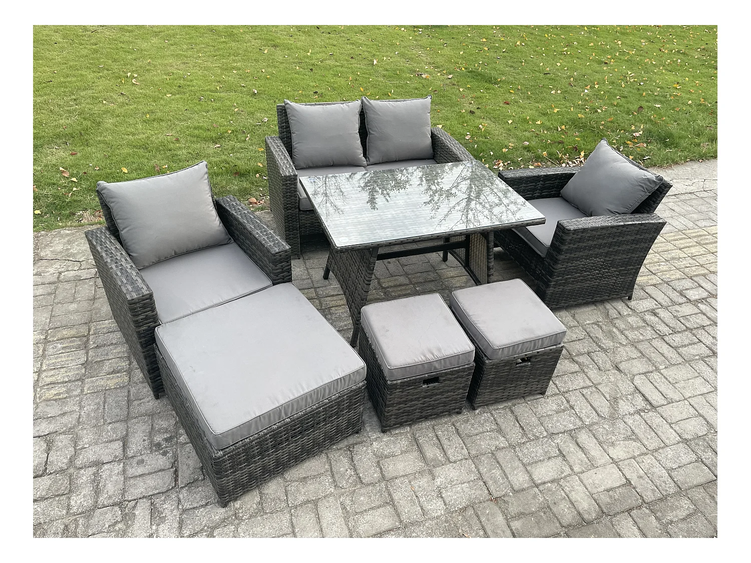 Ensemble de Meubles de Jardin avec Table à manger rectangulaire Fauteuil Canapé 2 places 3 Tabourets