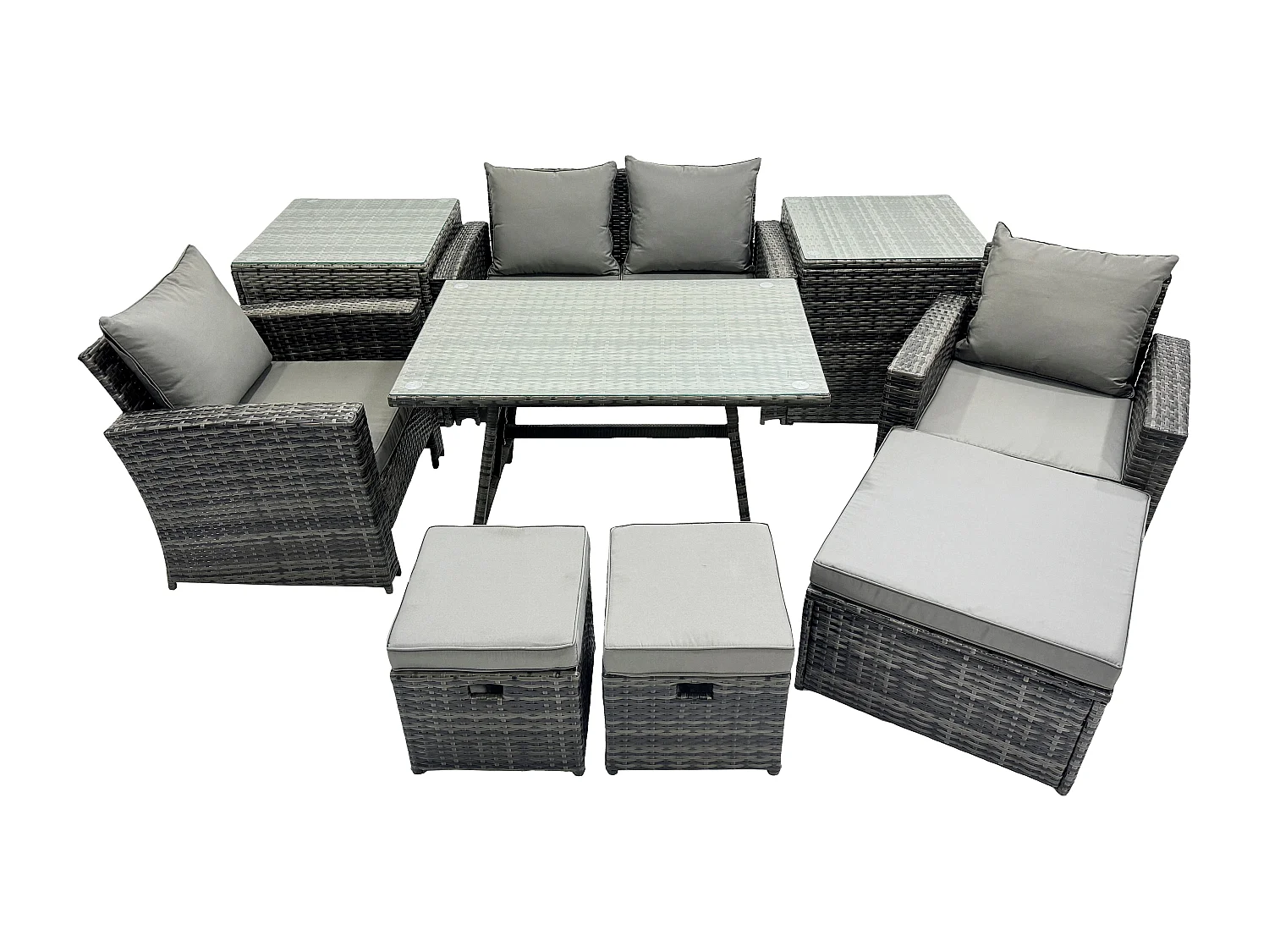 Hoher Rücken Rattan Gartenmöbel Sets mit Rechteckiger Esstisch Sessel 2-Sitzer Sofa 3 Hockern