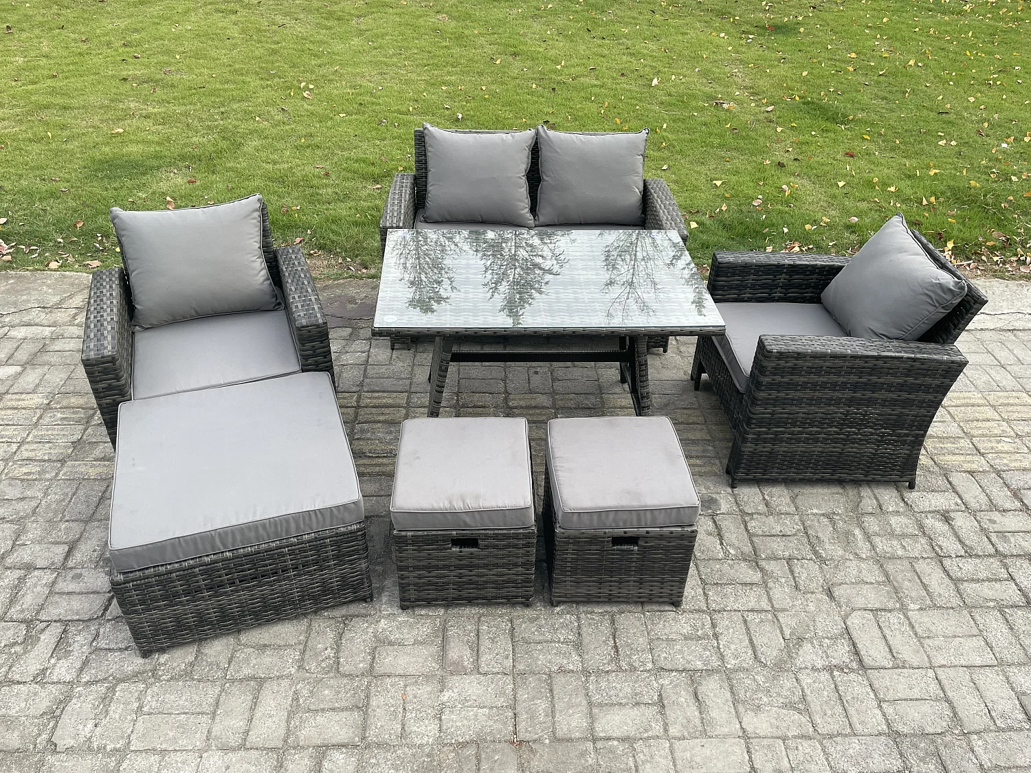 Hoher Rücken Rattan Gartenmöbel Sets mit Rechteckiger Esstisch Sessel 2-Sitzer Sofa 3 Hockern