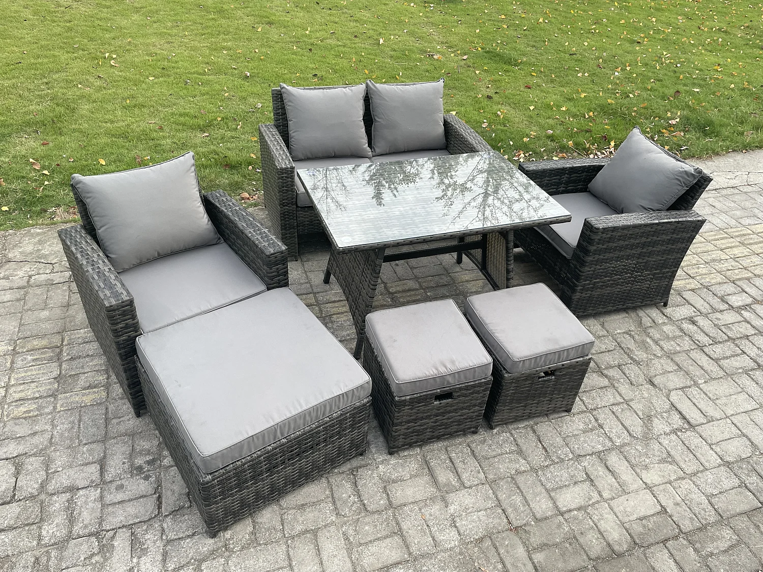 Hoher Rücken Rattan Gartenmöbel Sets mit Rechteckiger Esstisch Sessel 2-Sitzer Sofa 3 Hockern