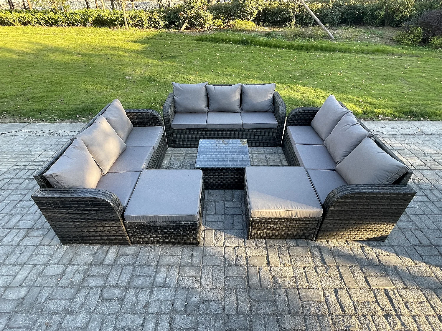 11-Sitzer Polyrattan Gartenmöbelset Garten Sofa Couchtisch Set mit 2 hohen Hockern Dunkelgrau Gemischt