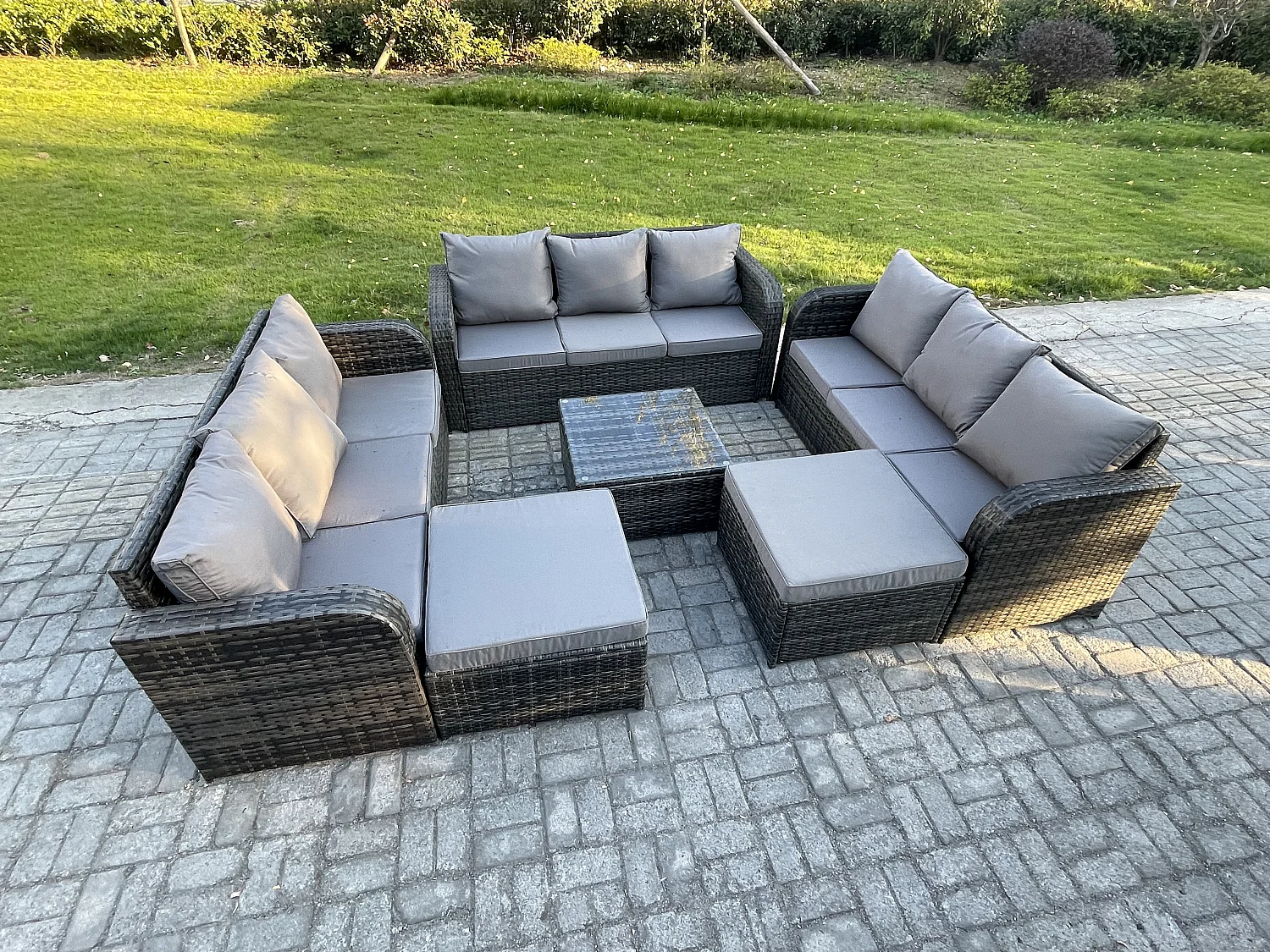 11-Sitzer Polyrattan Gartenmöbelset Garten Sofa Couchtisch Set mit 2 hohen Hockern Dunkelgrau Gemischt