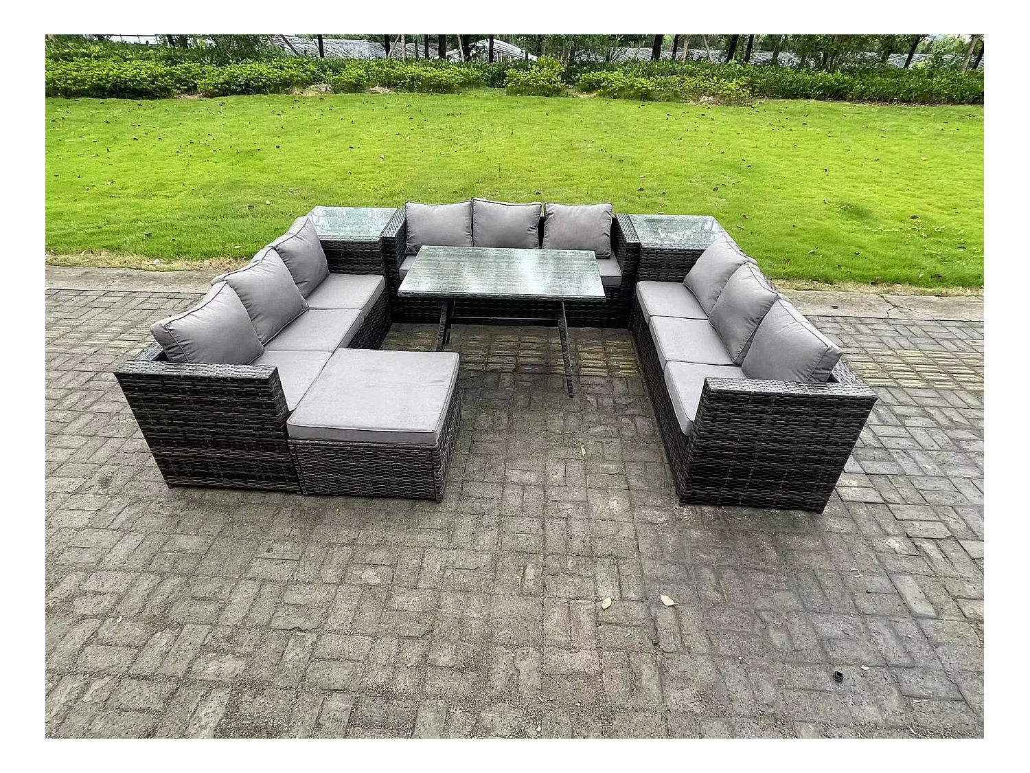 10 places Ensembles de salons de jardin avec Table à manger 2 Tables d'appoint Grand tabouret Gris foncé mixte