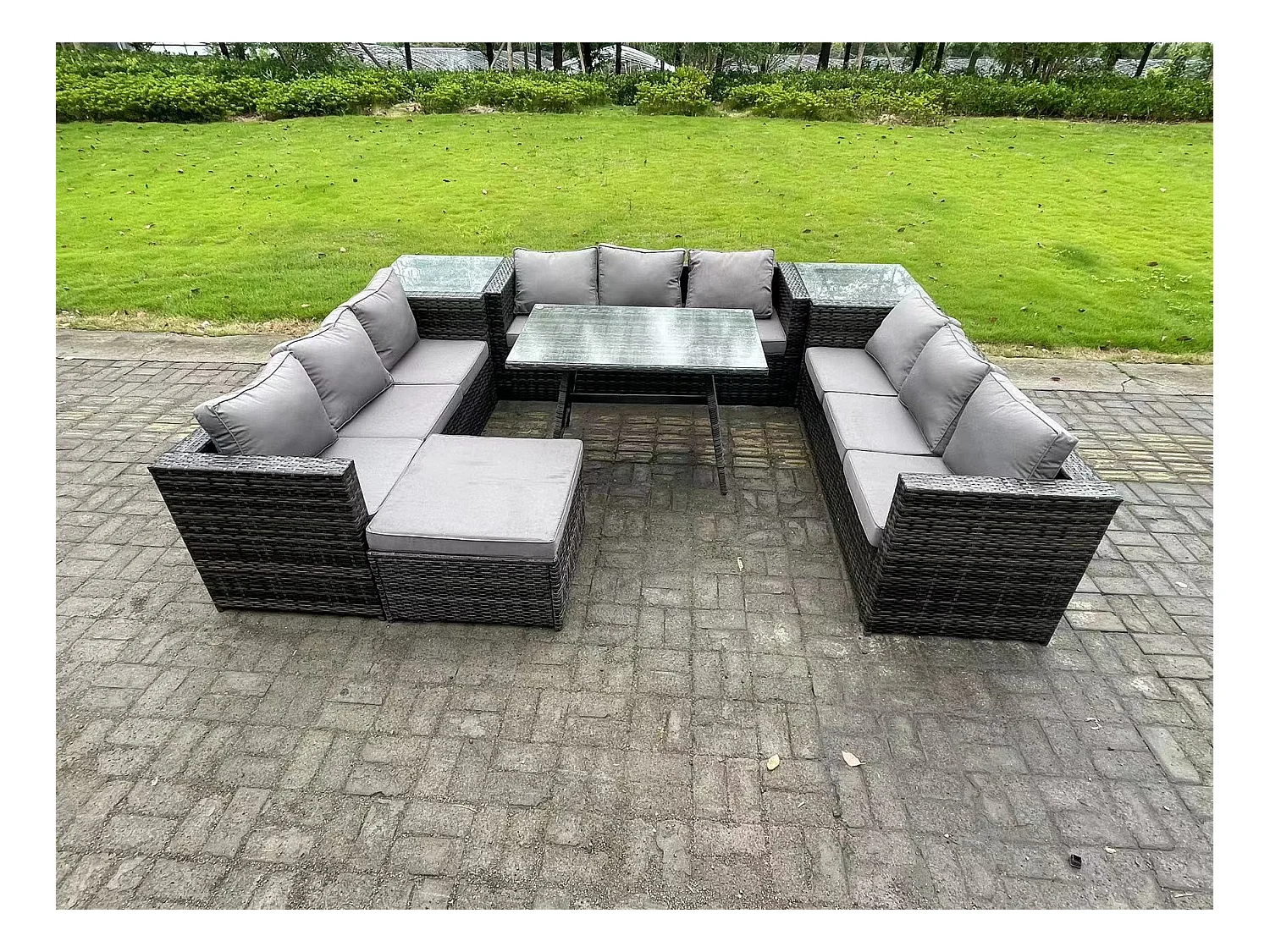 10 places Ensembles de salons de jardin avec Table à manger 2 Tables d'appoint Grand tabouret Gris foncé mixte