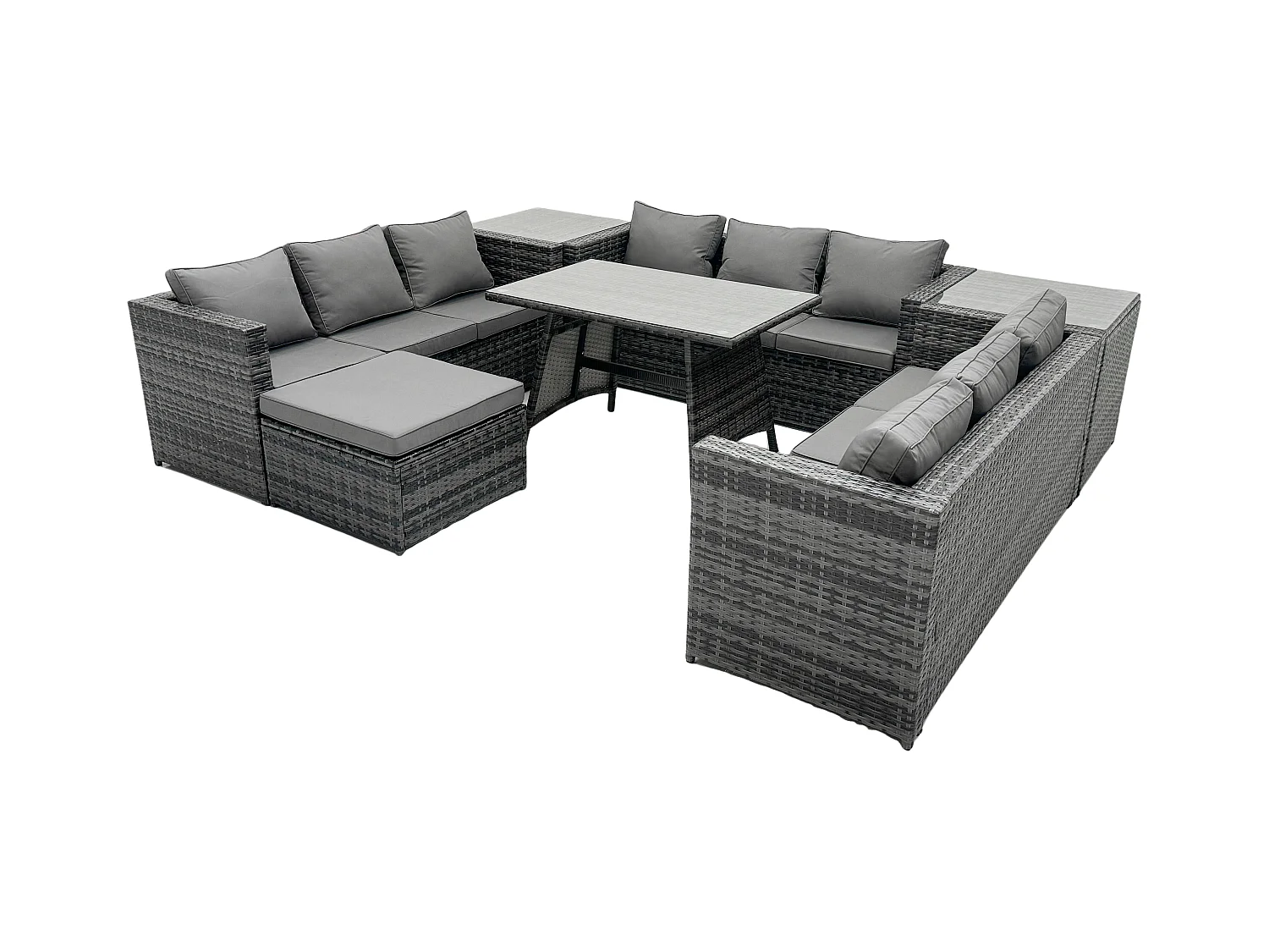 10-Sitzer Polyrattan Gartenmöbel Set im Balkon Lounge Sofa Garten Esstisch Set mit 2 Beistelltischen 2 Großer Hockern Dunkelgrau Gemischt