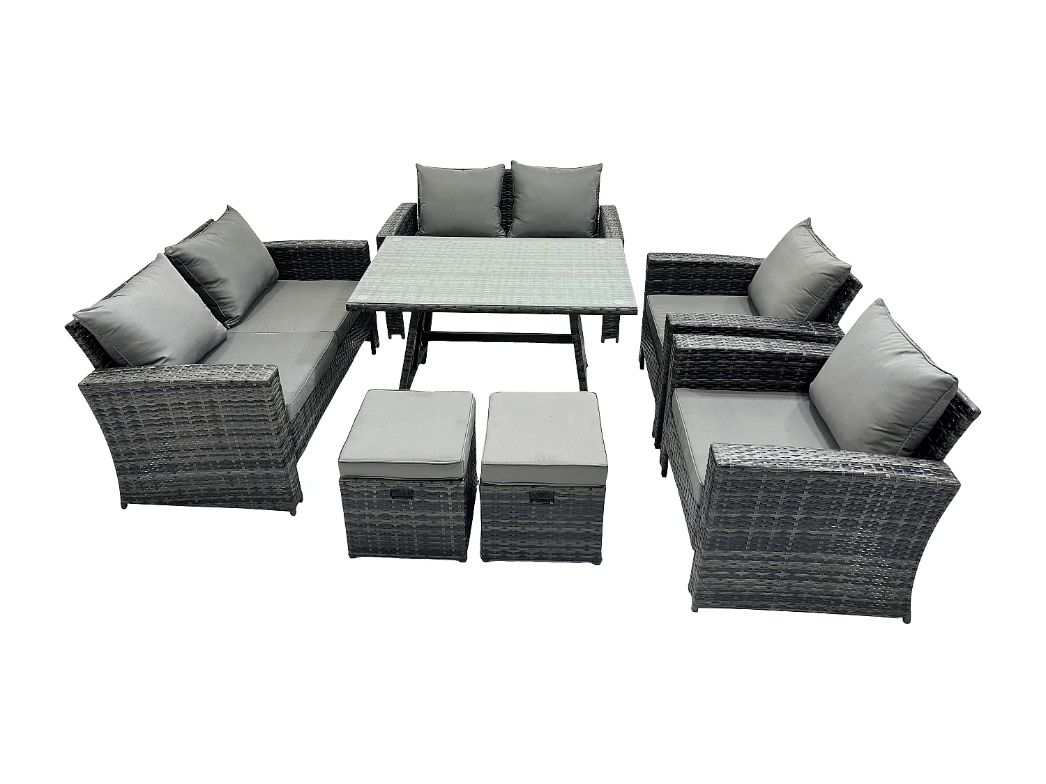 Polyrattan Gartenmöbel Set Polyrattan Garten Sofa im Freien Set mit Rechteckiger Esstisch Doppelsitz Sofa 2 kleine Fußhockern Dunkelgrau Gemischt