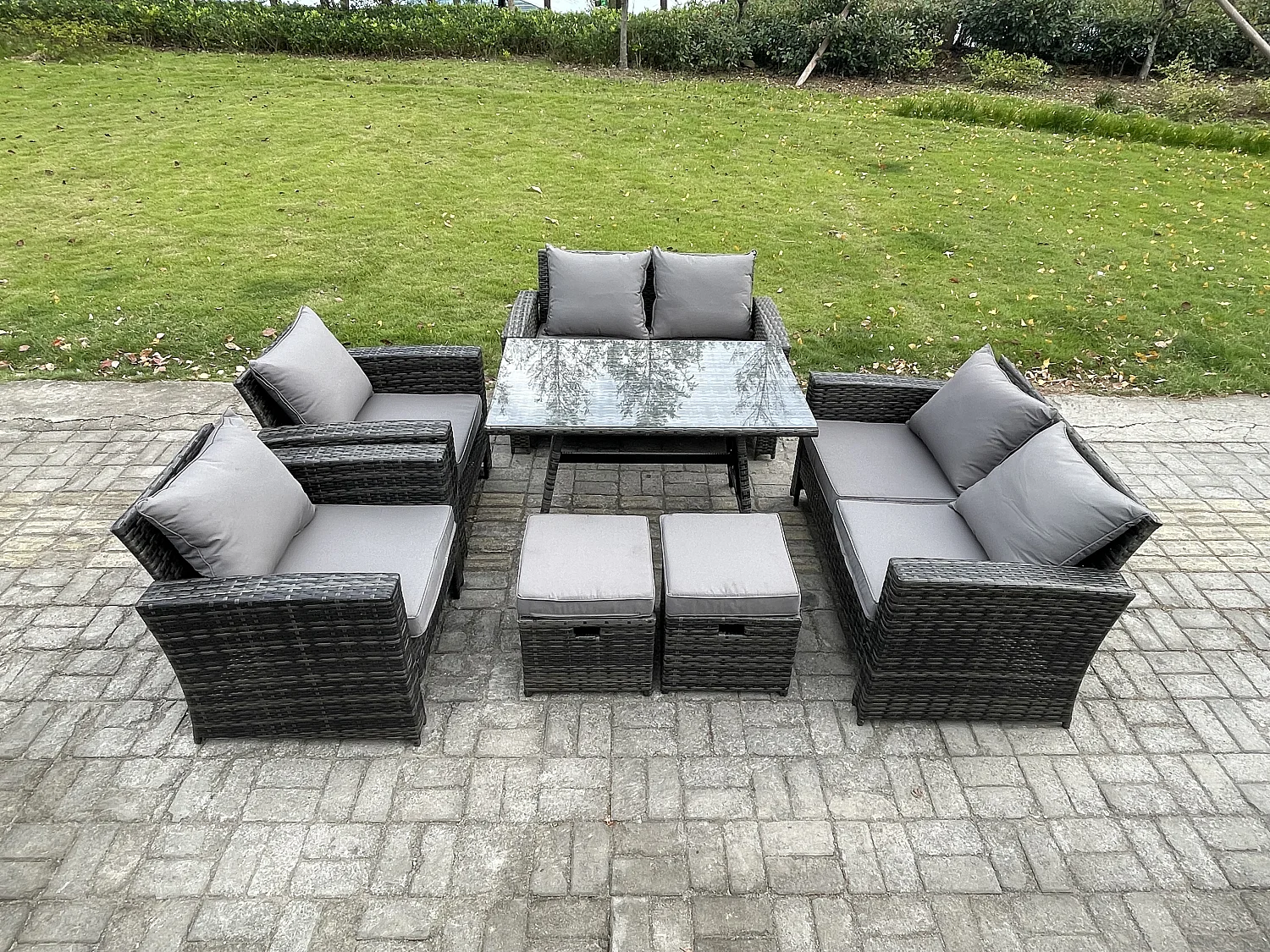 Polyrattan Gartenmöbel Set Polyrattan Garten Sofa im Freien Set mit Rechteckiger Esstisch Doppelsitz Sofa 2 kleine Fußhockern Dunkelgrau Gemischt
