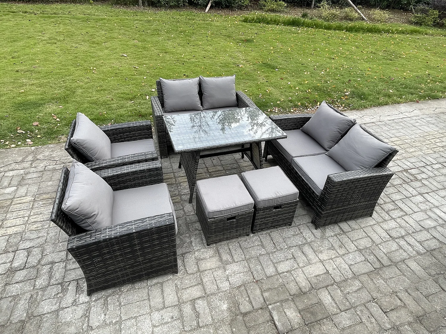 Polyrattan Gartenmöbel Set Polyrattan Garten Sofa im Freien Set mit Rechteckiger Esstisch Doppelsitz Sofa 2 kleine Fußhockern Dunkelgrau Gemischt