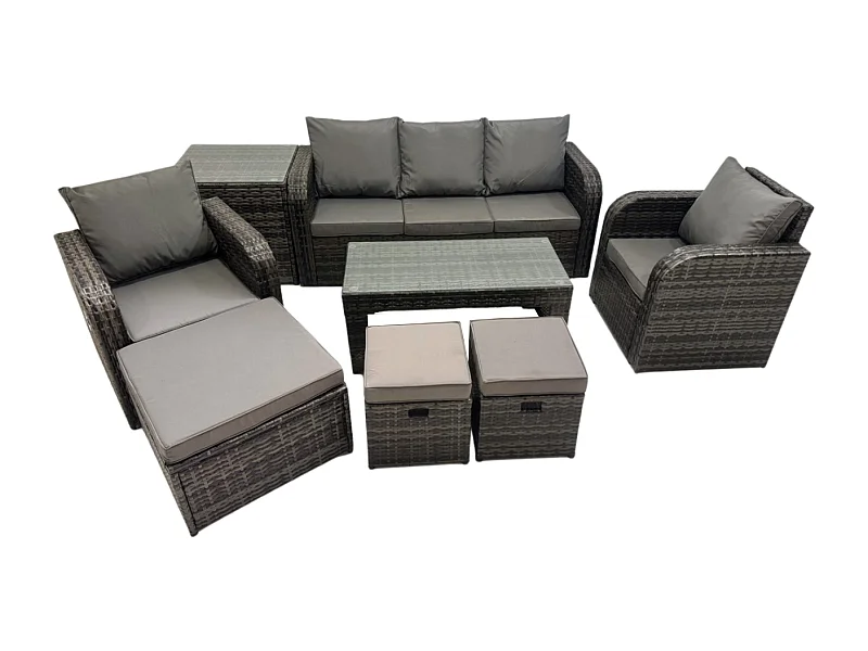 8-Sitzer Polyrattan Gartenmöbel Set mit Rechteckiger Couchtisch Beistelltisch 3 Hockern Polyrattan Garten Sofa im Freien Set