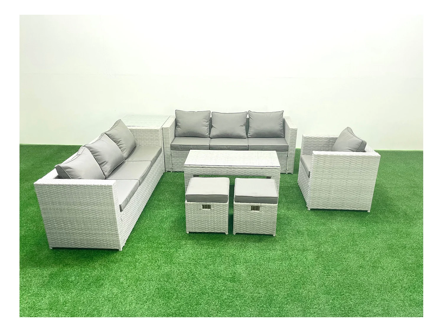 Meubles d'extérieur en rotin avec Table basse oblongue Fauteuil 2 Petits tabourets Table d'appoint Gris clair mixte