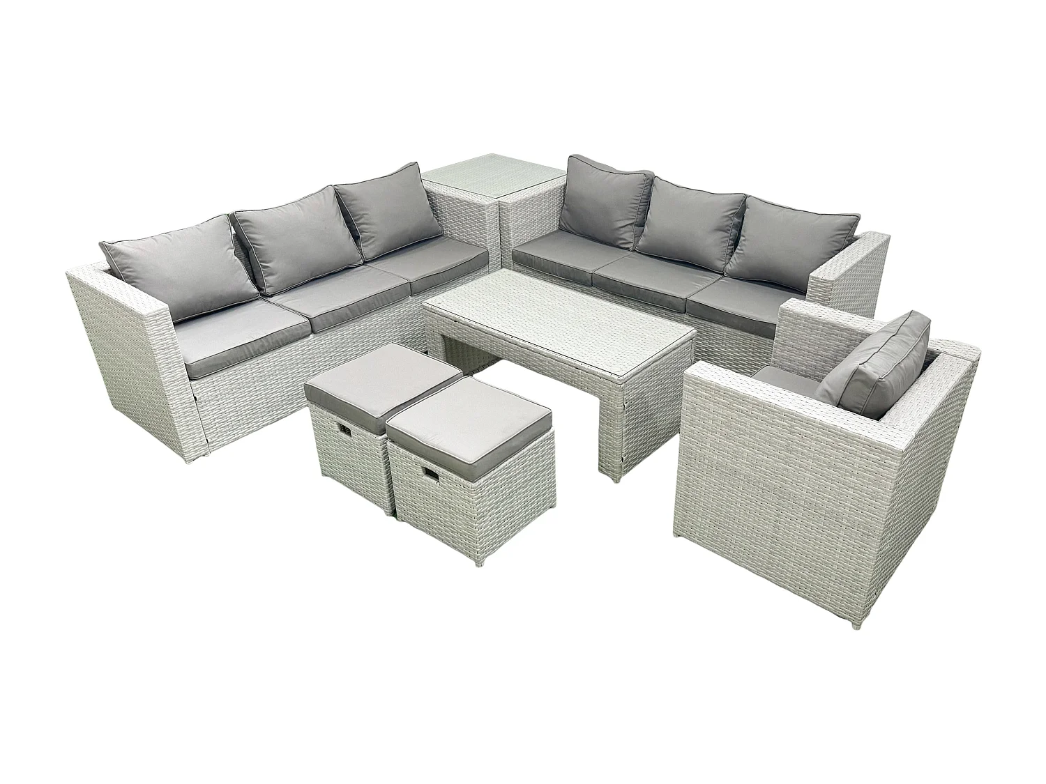 Polyrattan Gartenmöbel-Set im Freien mit Rechteckiger Couchtisch Sessel 2 kleine Fußhockern Beistelltisch Hellgrau gemischt