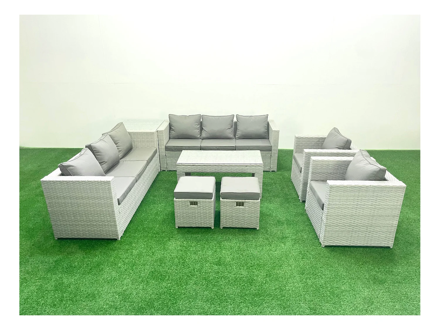 Ensembles de meubles d'extérieur avec 2 Fauteuil Table basse oblongue 2 Petits tabourets Table d'appoint Gris clair mixte