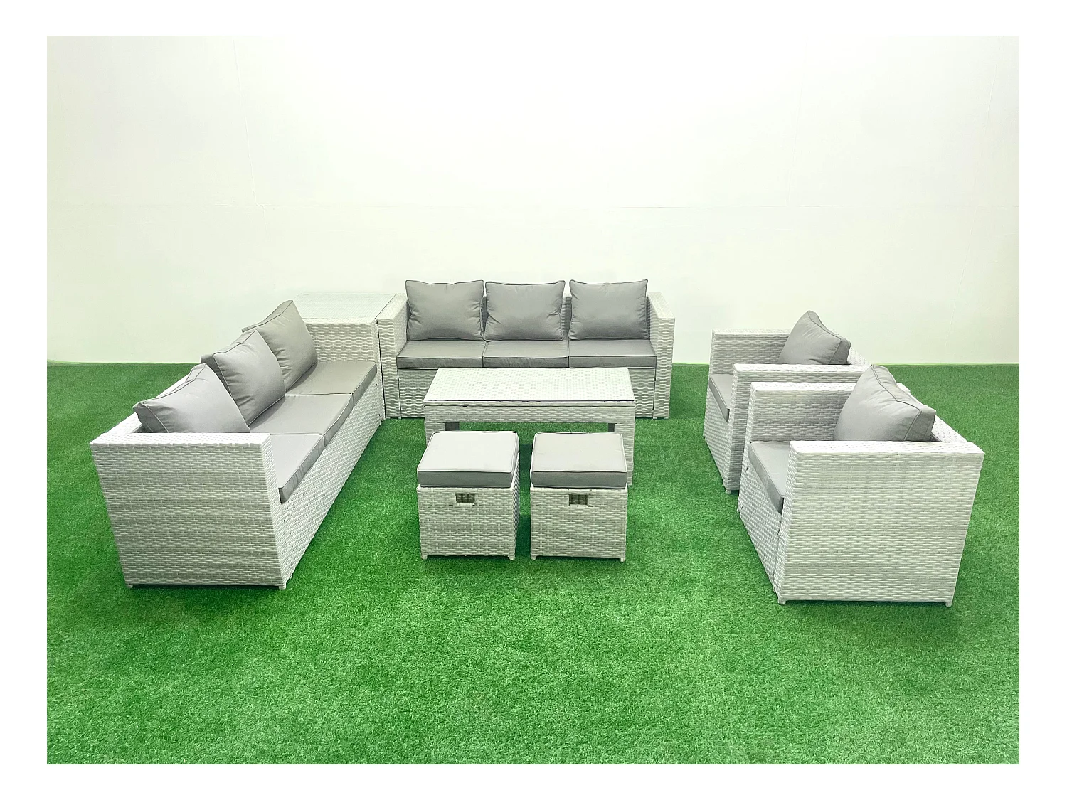 Ensembles de meubles d'extérieur avec 2 Fauteuil Table basse oblongue 2 Petits tabourets Table d'appoint Gris clair mixte