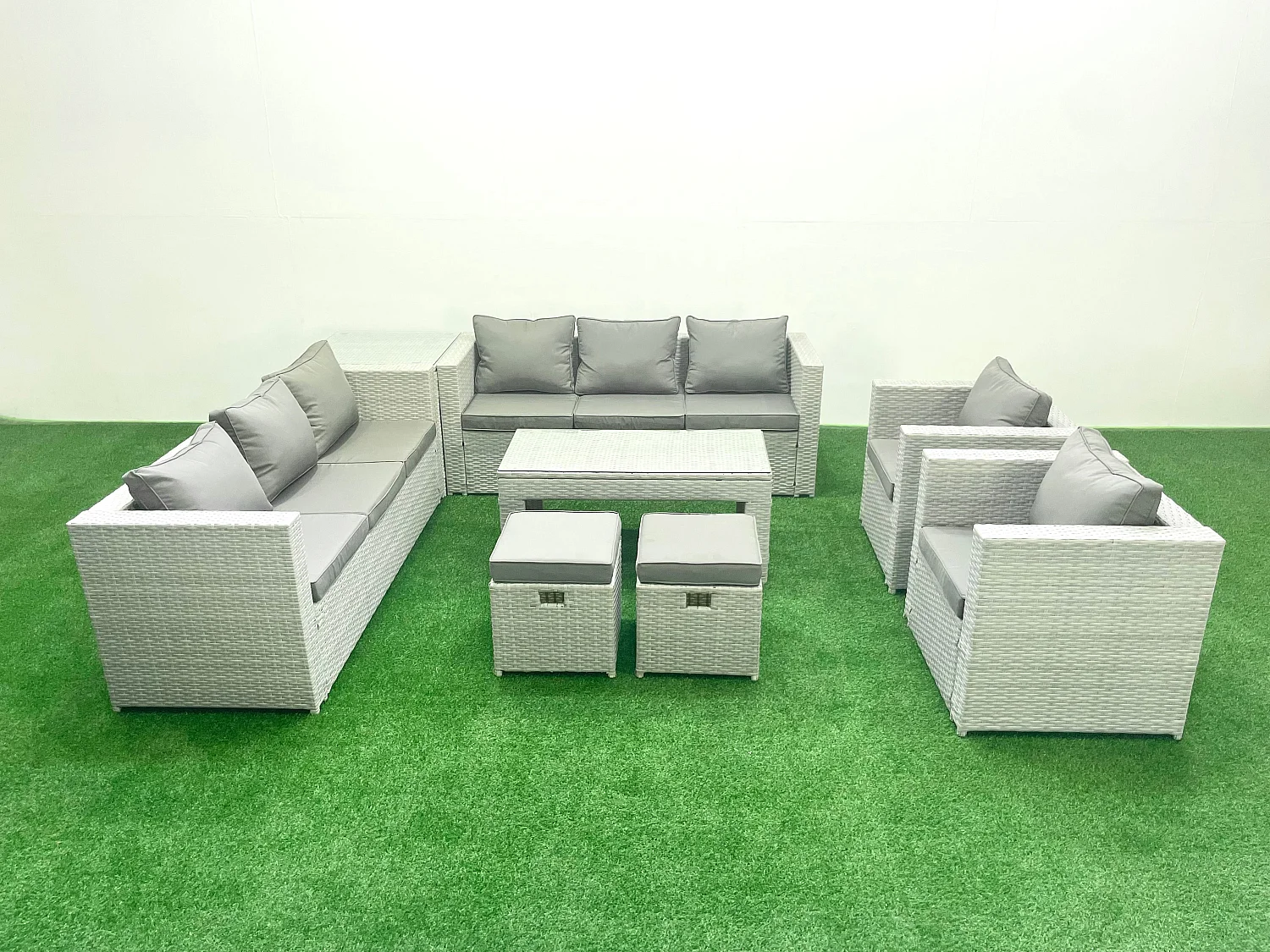 Ensembles de meubles d'extérieur avec 2 Fauteuil Table basse oblongue 2 Petits tabourets Table d'appoint Gris clair mixte