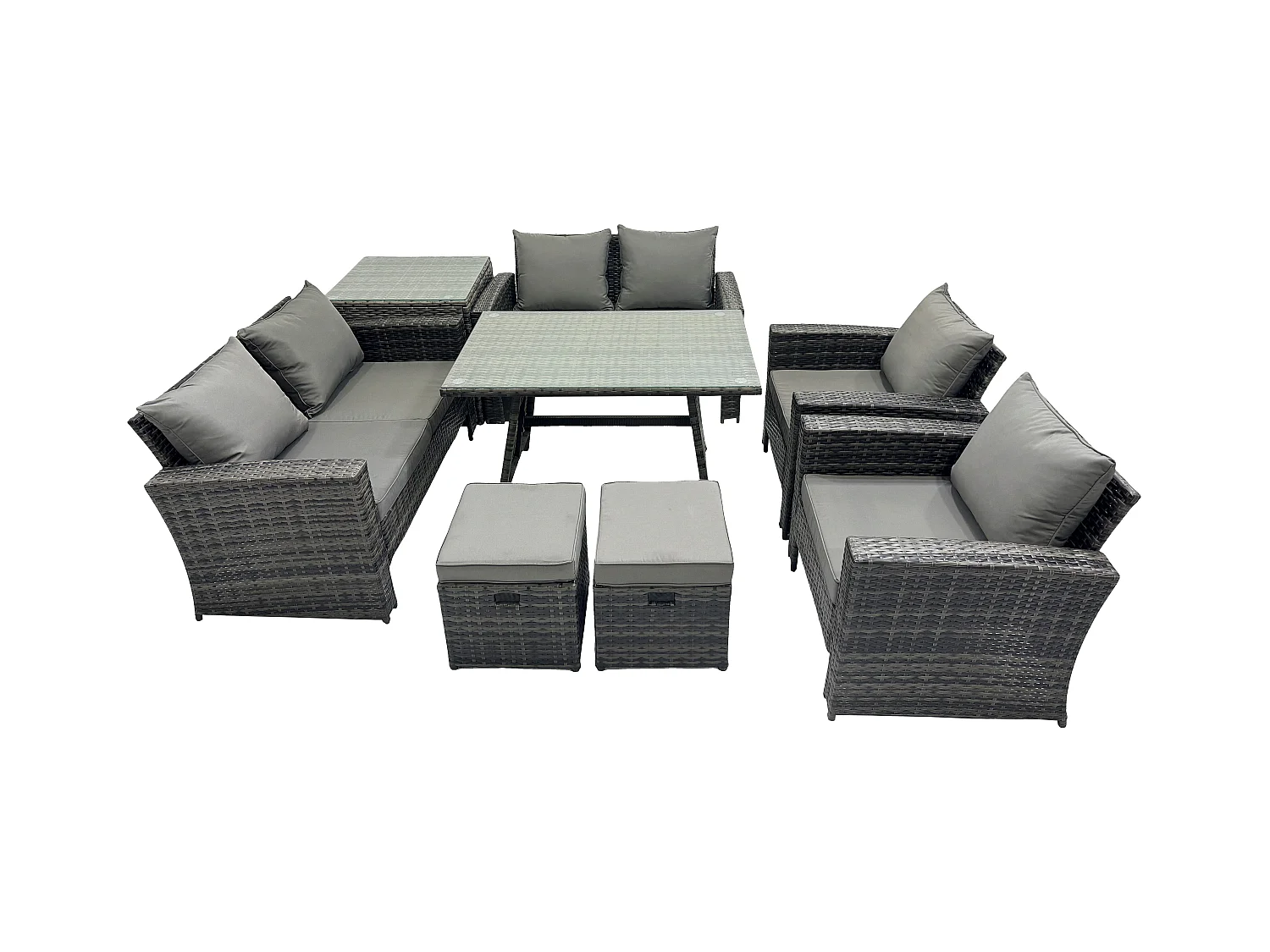 Salon de jardin 8 places avec Table à manger rectangulaire Canapé à deux places Table d'appoint 2 Petits tabourets Gris foncé mixte