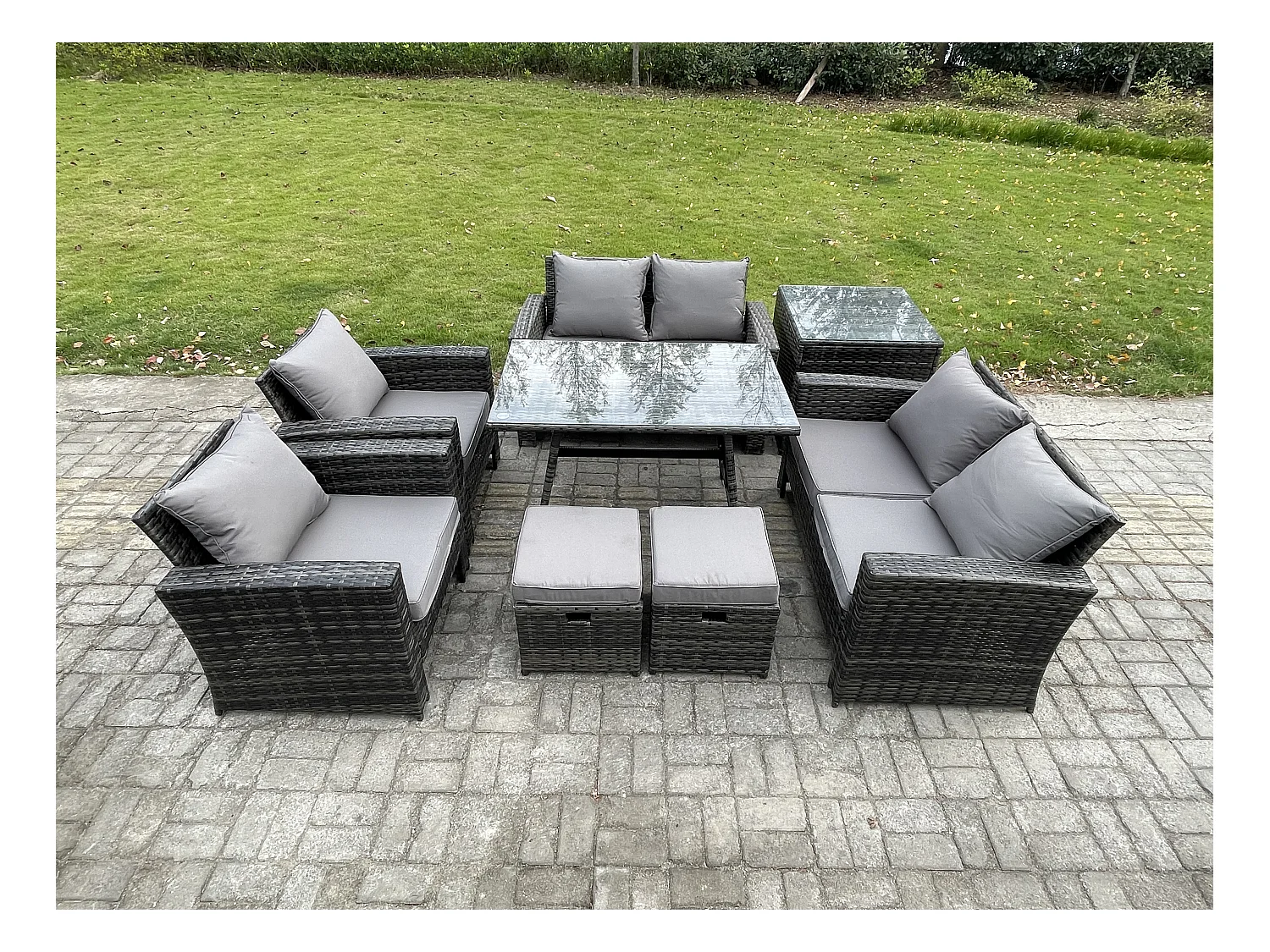 Salon de jardin 8 places avec Table à manger rectangulaire Canapé à deux places Table d'appoint 2 Petits tabourets Gris foncé mixte