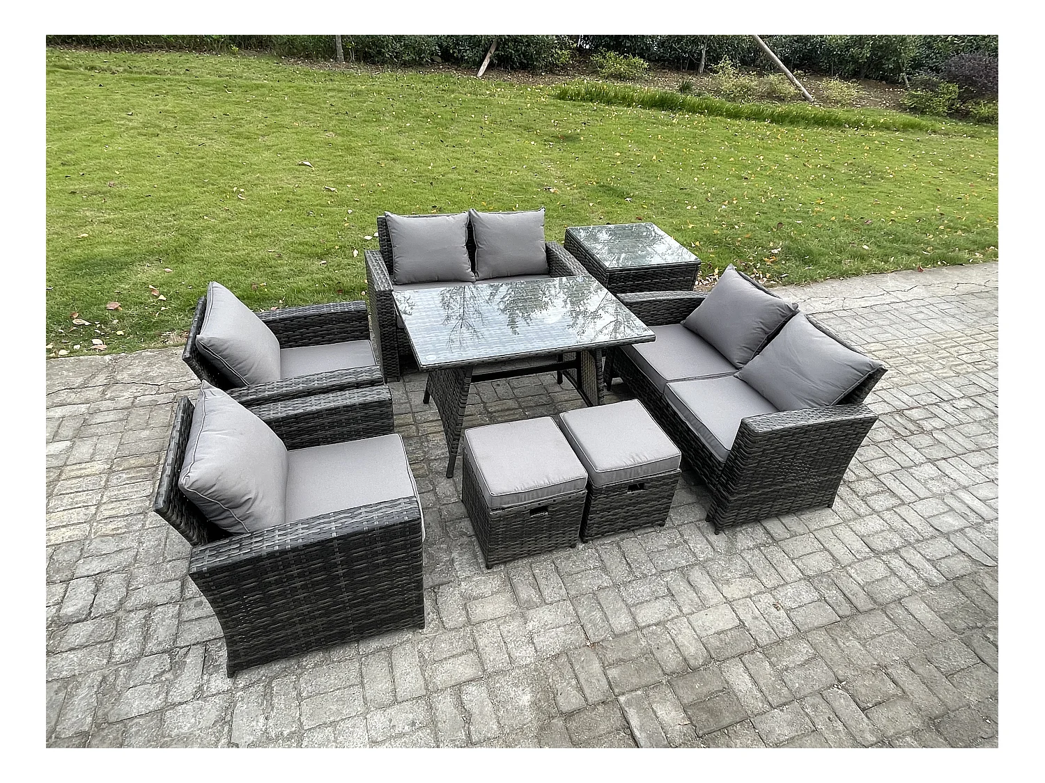 Salon de jardin 8 places avec Table à manger rectangulaire Canapé à deux places Table d'appoint 2 Petits tabourets Gris foncé mixte