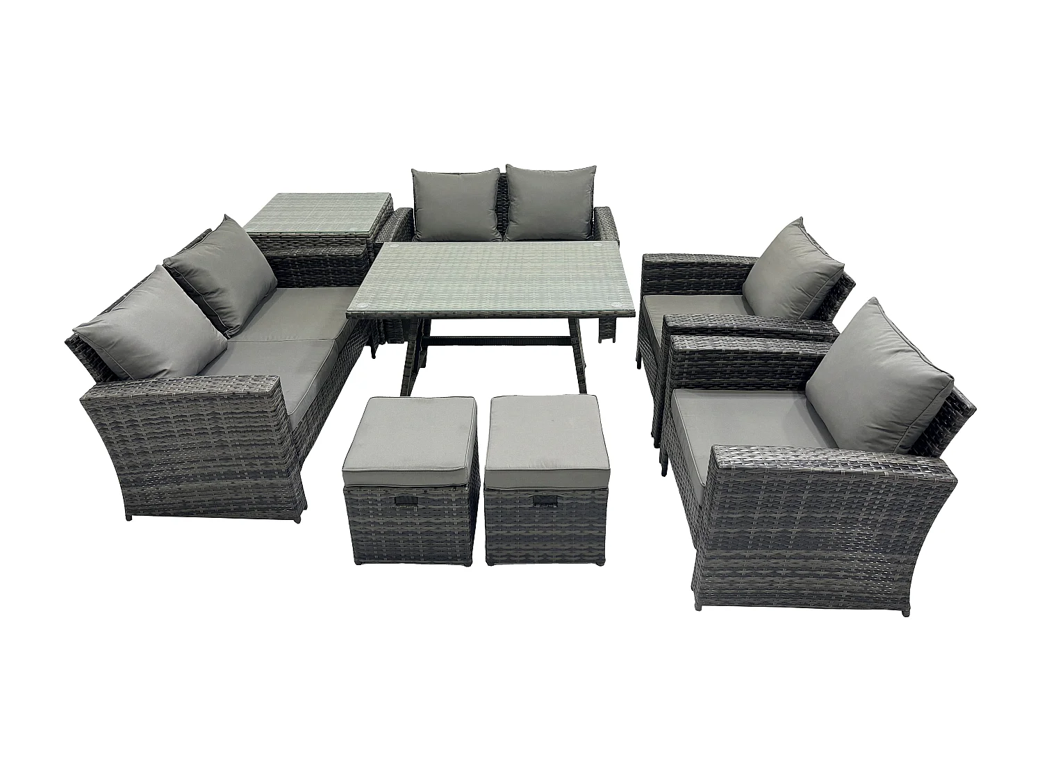 Salon de jardin 8 places avec Table à manger rectangulaire Canapé à deux places Table d'appoint 2 Petits tabourets Gris foncé mixte