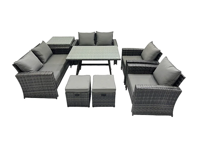 Salon de jardin 8 places avec Table à manger rectangulaire Canapé à deux places Table d'appoint 2 Petits tabourets Gris foncé mixte