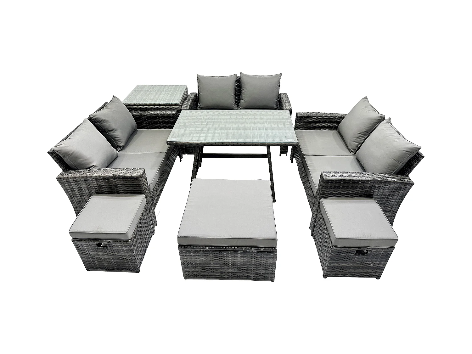 Salon de jardin avec Table à manger rectangulaire Canapé 2 places 3 Tabourets Table d'appoint Gris foncé mixte