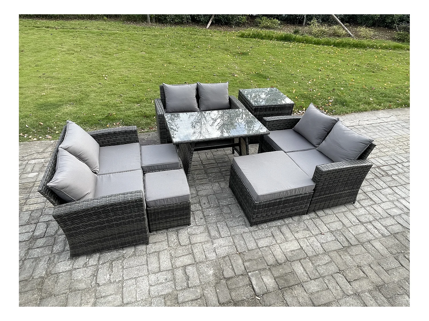 Salon de jardin avec Table à manger rectangulaire Canapé 2 places 3 Tabourets Table d'appoint Gris foncé mixte