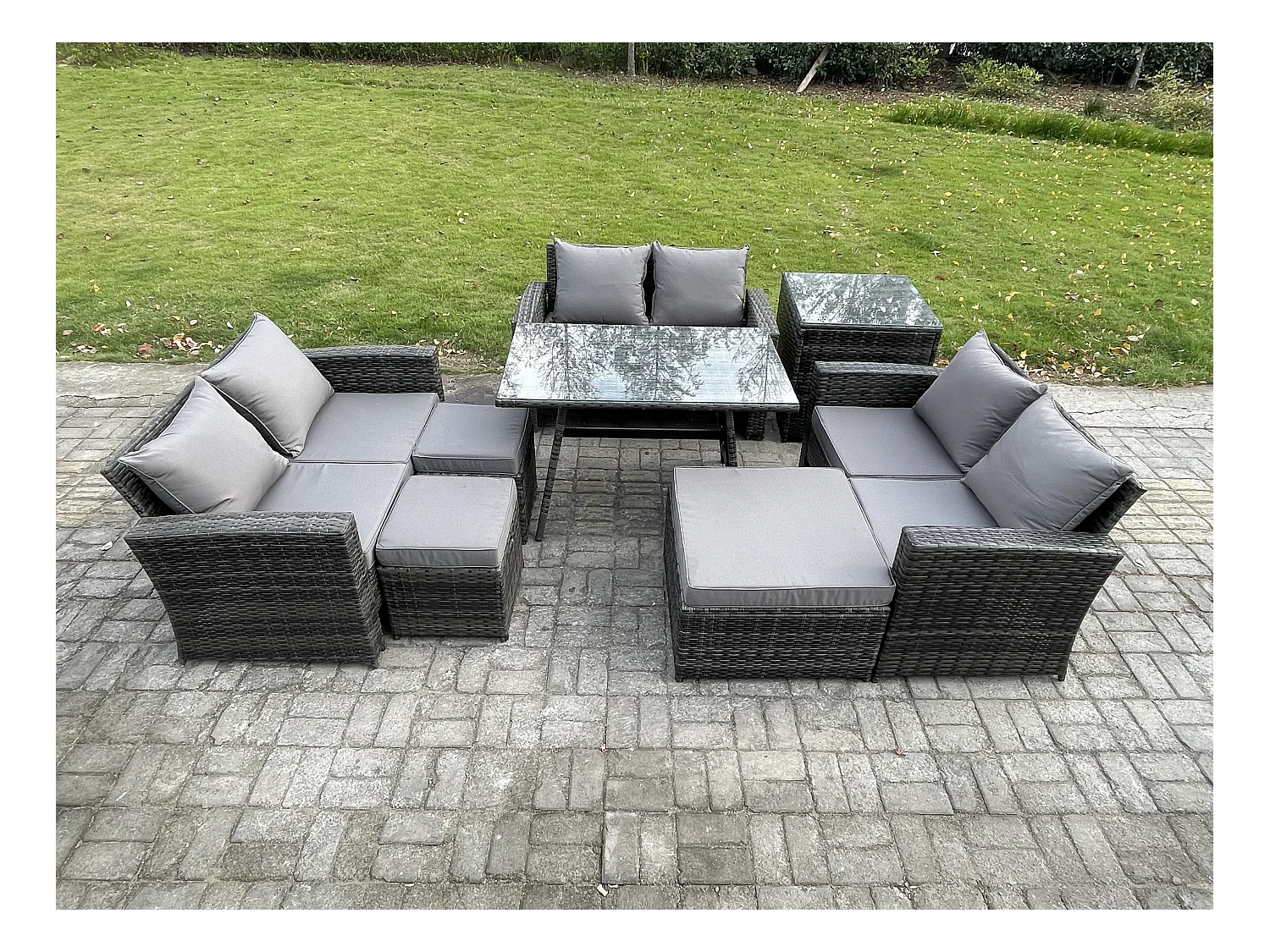 Salon de jardin avec Table à manger rectangulaire Canapé 2 places 3 Tabourets Table d'appoint Gris foncé mixte