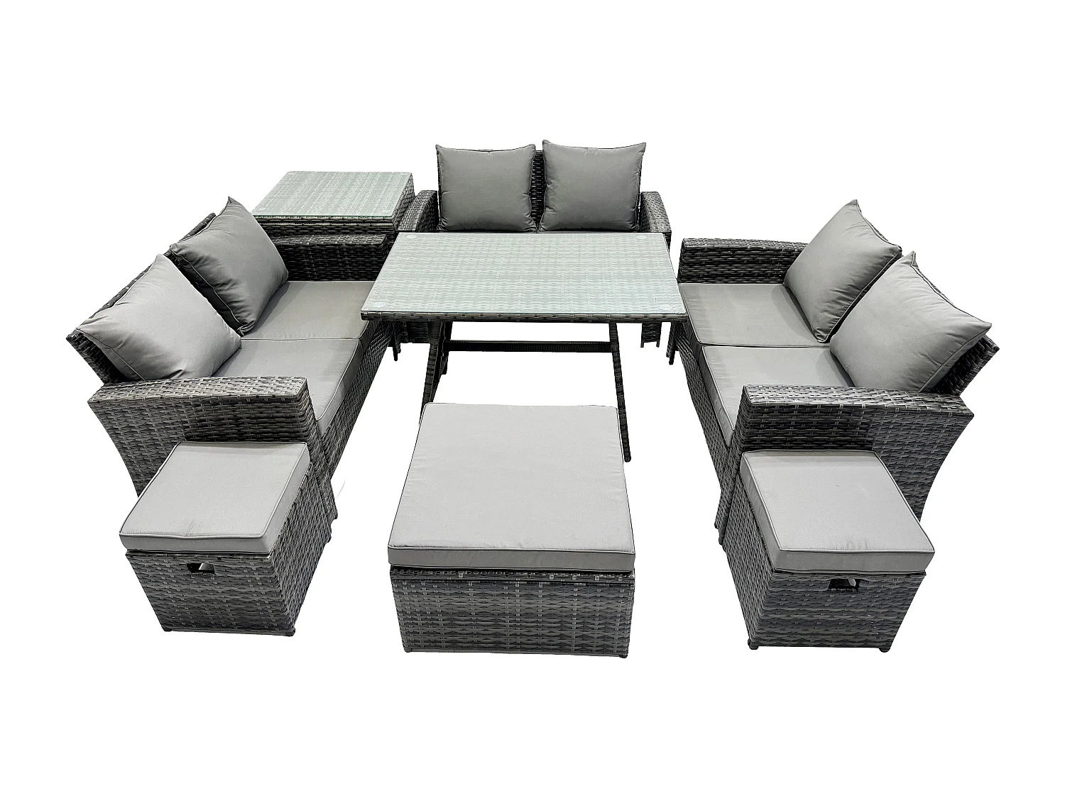 Garten Sofa im Freien Set Polyrattan Gartenmöbel Set mit Rechteckiger Esstisch 2 Seat Sofa 3 Hockern Beistelltisch Dunkelgrau Gemischt