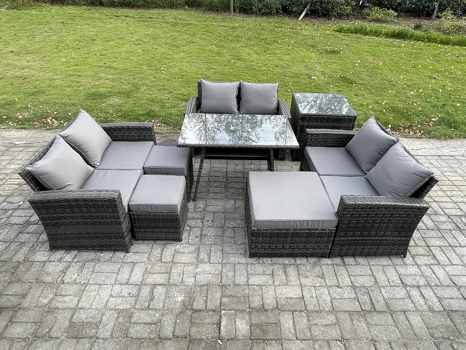 Garten Sofa im Freien Set Polyrattan Gartenmöbel Set mit Rechteckiger Esstisch 2 Seat Sofa 3 Hockern Beistelltisch Dunkelgrau Gemischt