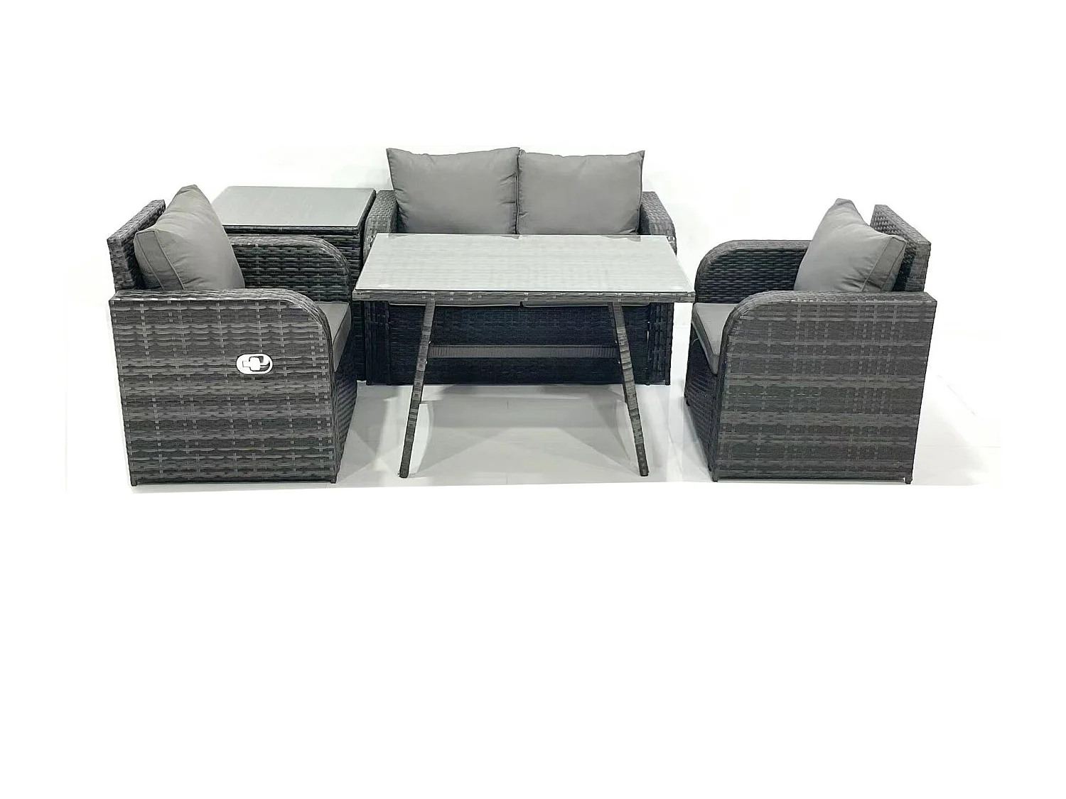 Fimous Outdoor Garden Furniture Set Rattan Sofa Dining Table Set with Reclining Chair Side Table Dark Grey Mixed