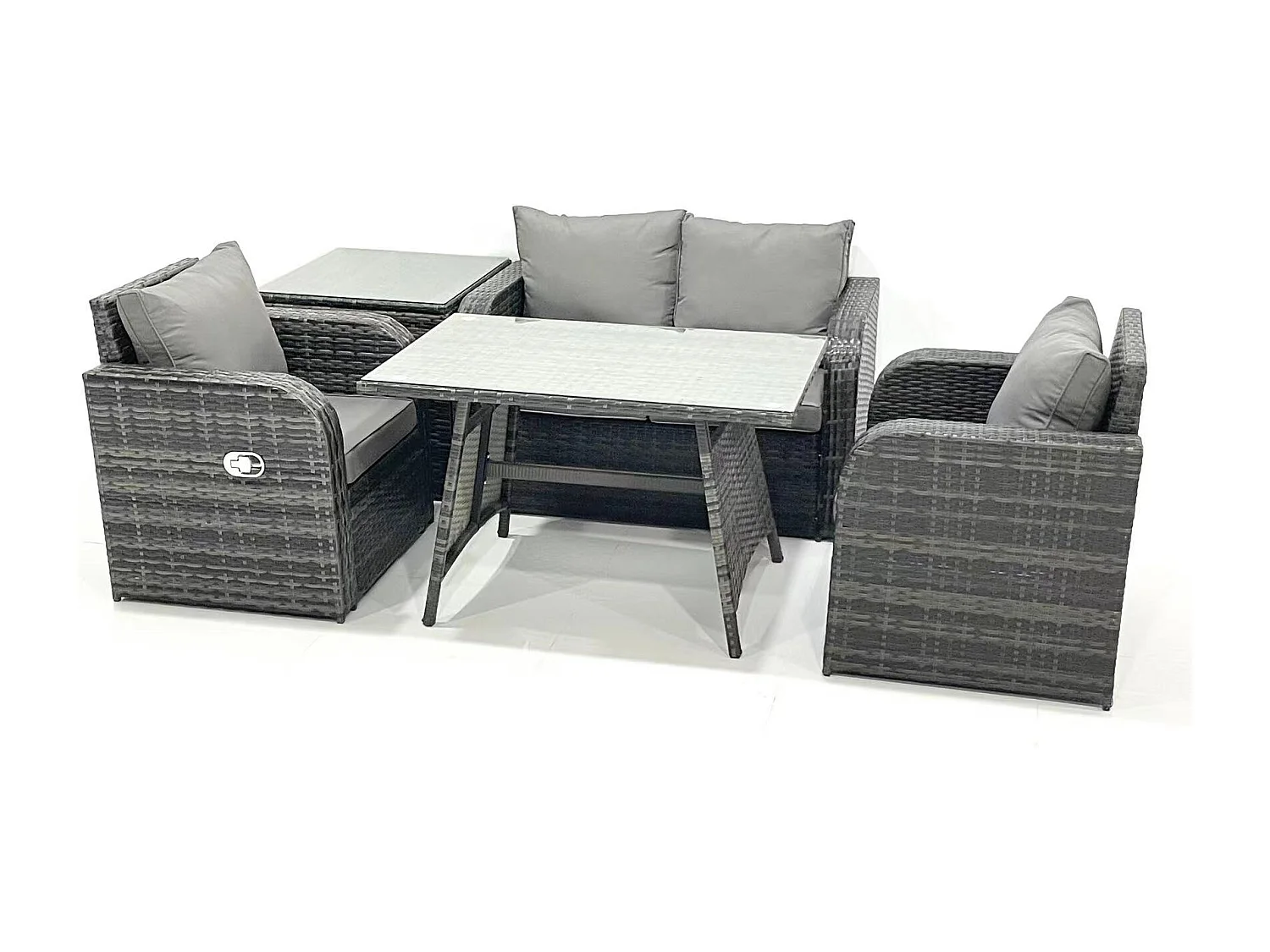 Fimous Outdoor Garden Furniture Set Rattan Sofa Dining Table Set with Reclining Chair Side Table Dark Grey Mixed