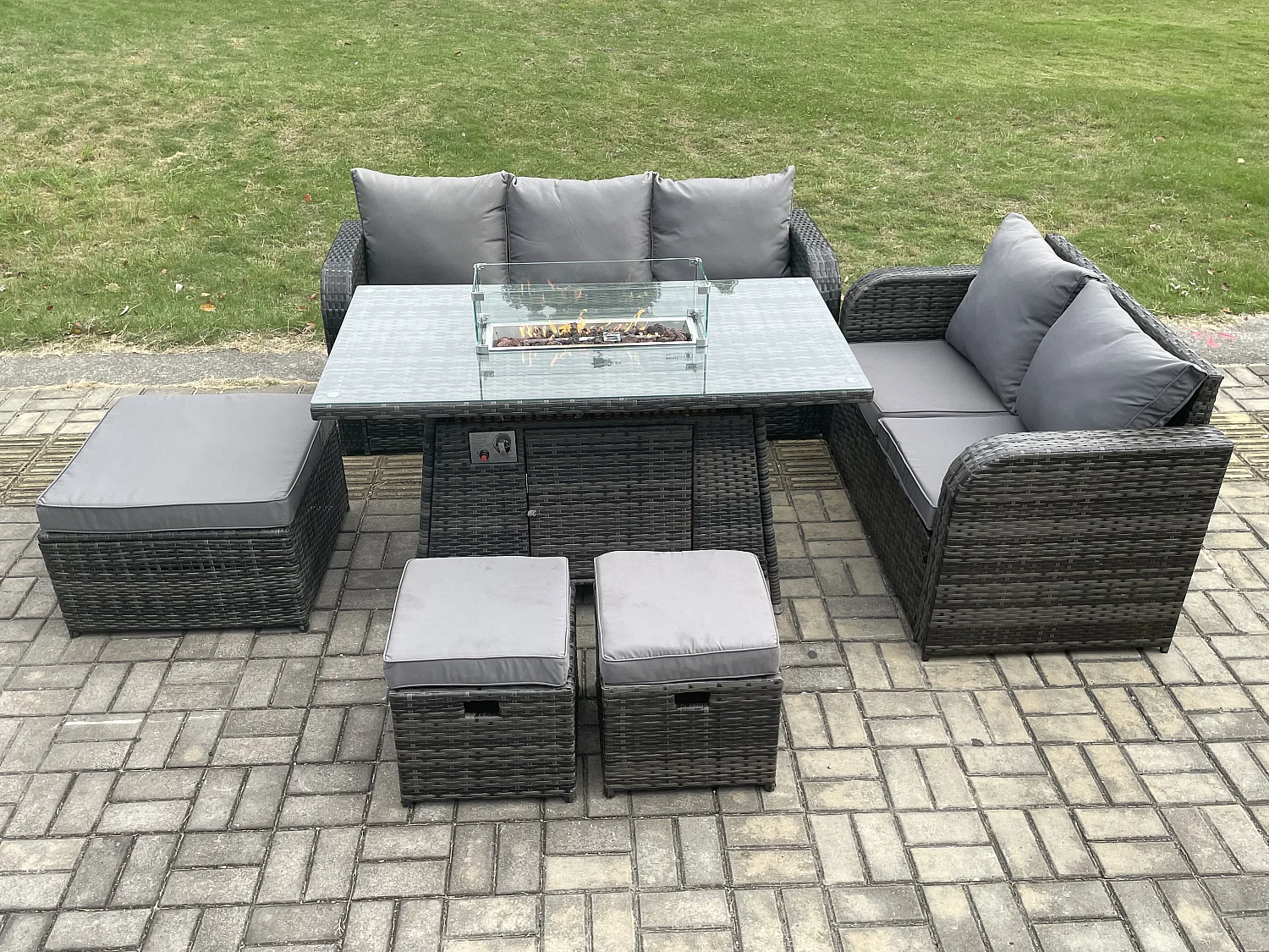 Ensemble Salon de Jardin Extérieur en polyrotin Table de foyer à gaz et Canapé Fauteuil avec 3 Tabourets Gris foncé mixte