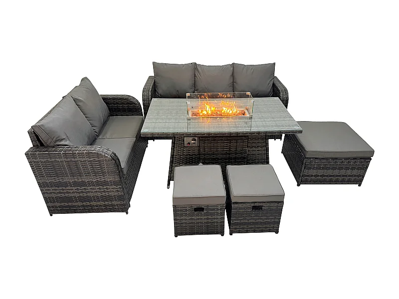 Ensemble Salon de Jardin Extérieur en polyrotin Table de foyer à gaz et Canapé Fauteuil avec 3 Tabourets Gris foncé mixte