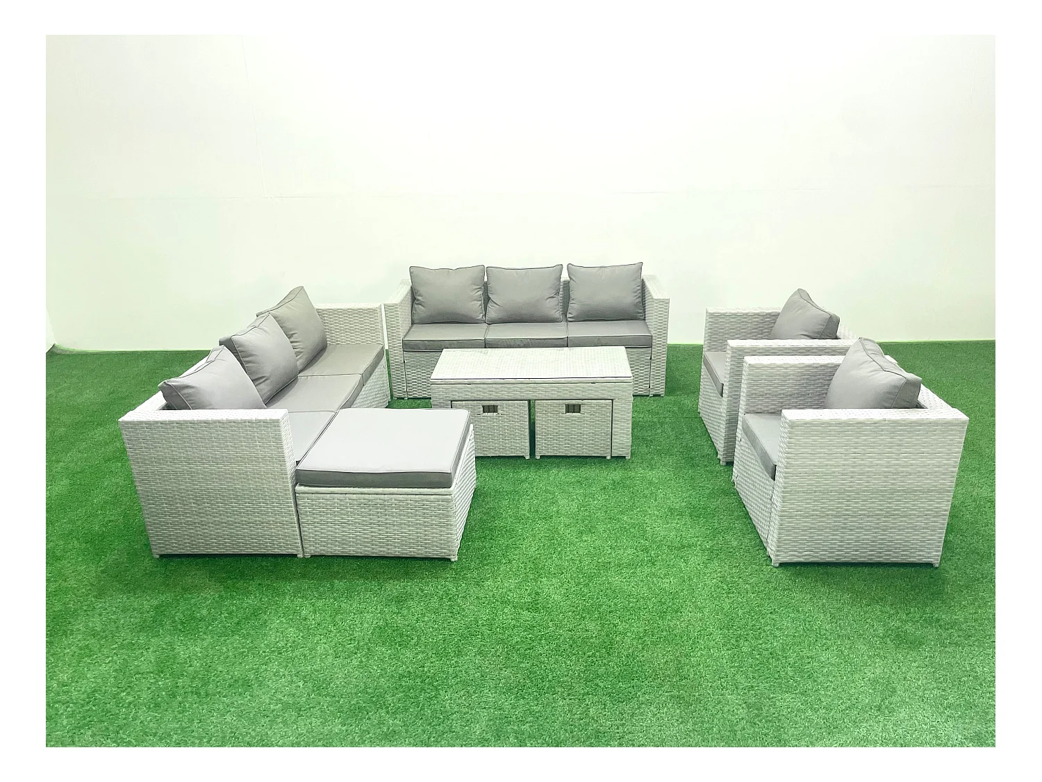 Ensembles de meubles d'extérieur avec 2 Fauteuil Table basse oblongue 3 Tabourets Gris clair mixte