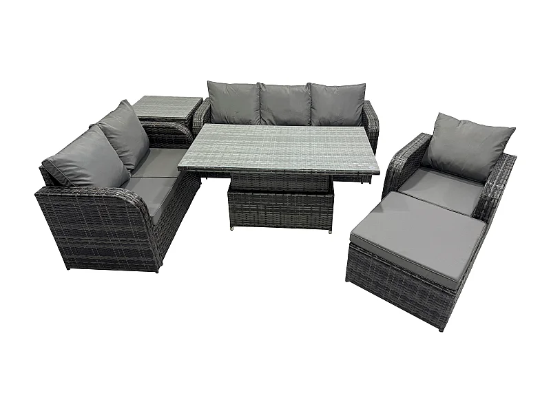 Salon de Jardin en Résine Ensemble Repas de Jardin Exterieur Table à manger réglable en hauteur Chaise inclinable Canapé avec Table d'appoint Grand tabouret