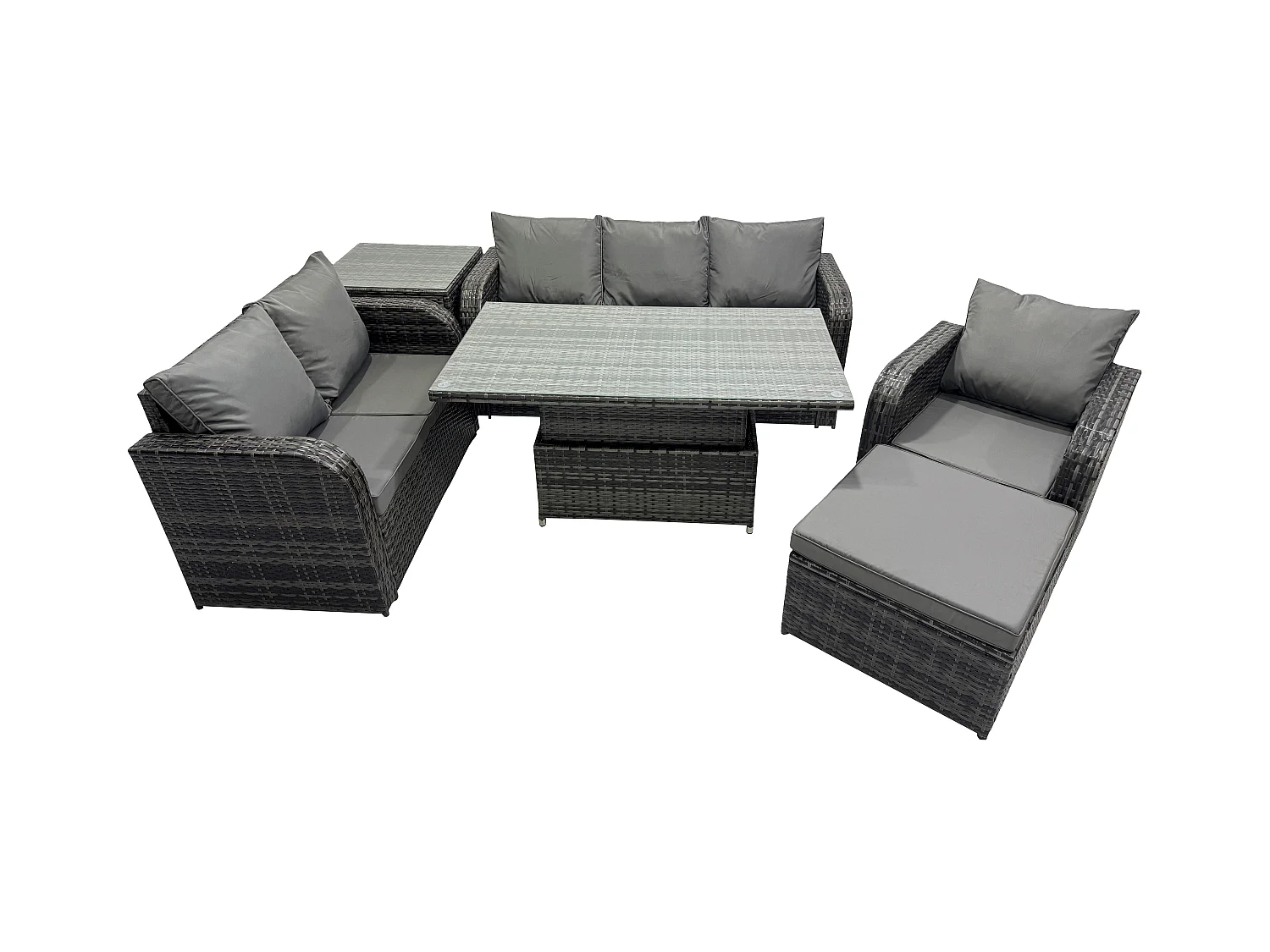 Salon de Jardin en Résine Ensemble Repas de Jardin Exterieur Table à manger réglable en hauteur Chaise inclinable Canapé avec Table d'appoint Grand tabouret