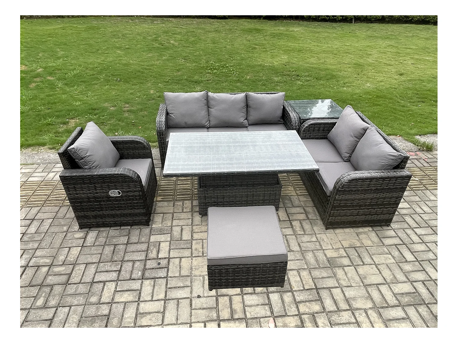 Salon de Jardin en Résine Ensemble Repas de Jardin Exterieur Table à manger réglable en hauteur Chaise inclinable Canapé avec Table d'appoint Grand tabouret