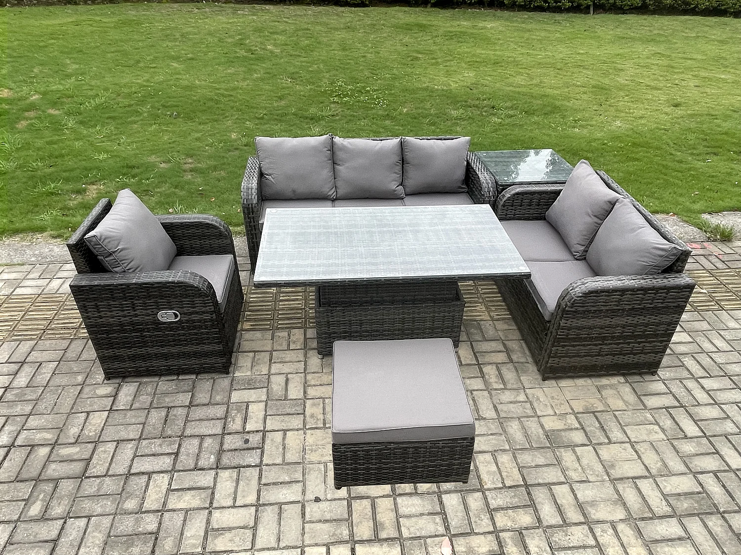 Salon de Jardin en Résine Ensemble Repas de Jardin Exterieur Table à manger réglable en hauteur Chaise inclinable Canapé avec Table d'appoint Grand tabouret